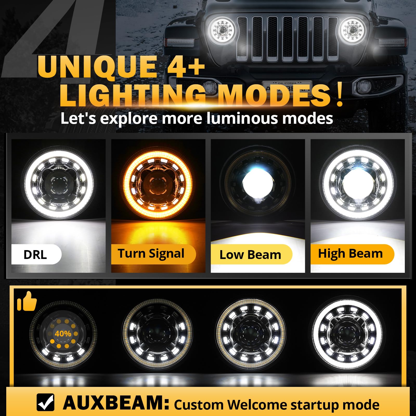 Auxbeam 7'' LED Headlights H6024 with Turn Signal DRL High Low Beam, Round Headlights Compatible with 1997-2017 Jeep Wrangler JK TJ JL Ford, Replacement Headlamps DOT Approved, 2 Years Warranty, Black