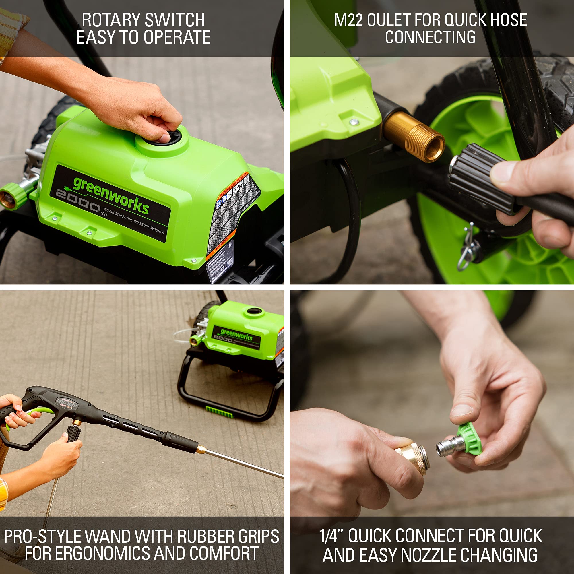 Greenworks 2000 Max PSI @ 1.1 GPM (13 Amp) Electric Pressure Washer (Black Frame) PWMA Certified, Green