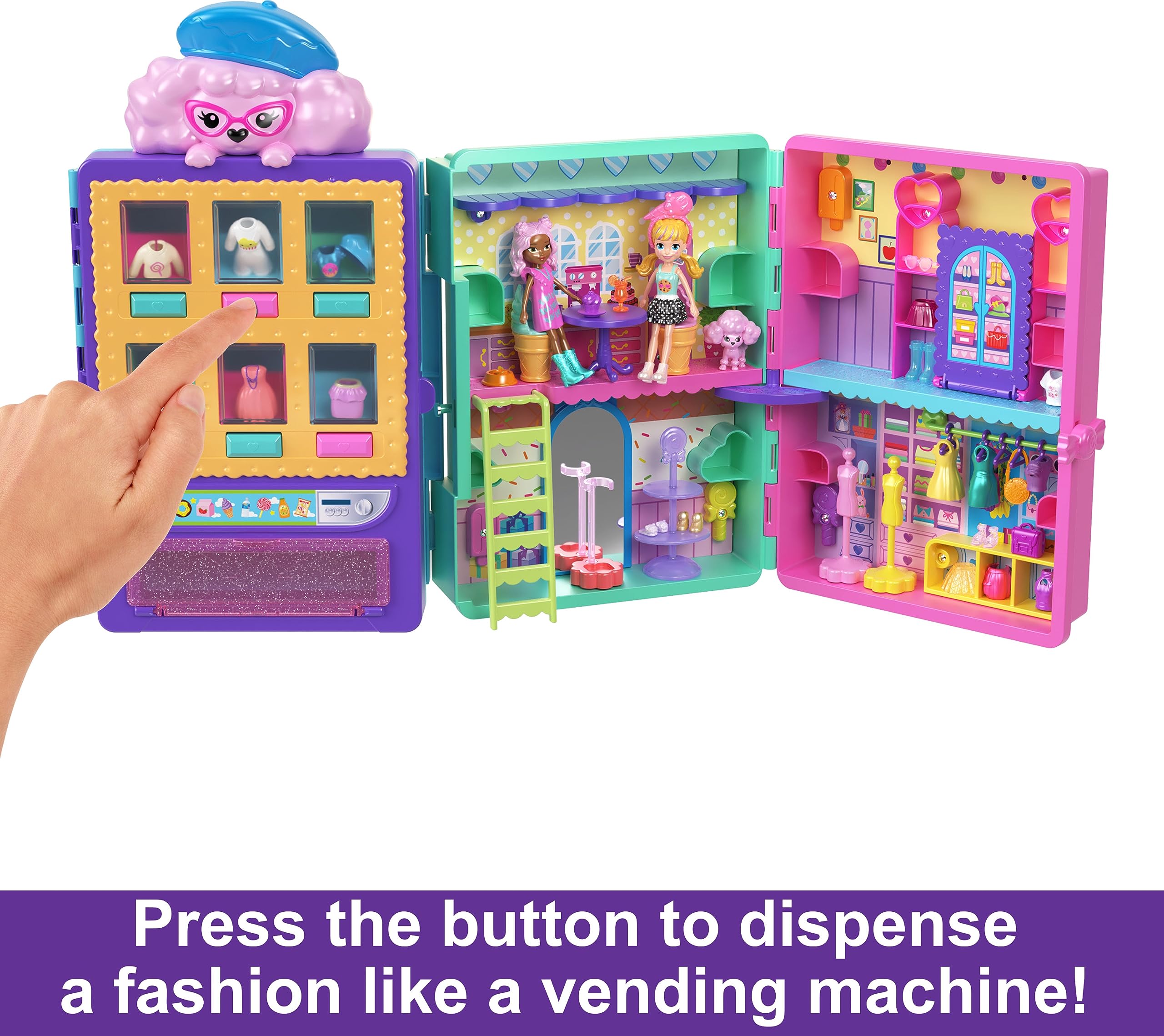 Polly Pocket Toy Vending Machine Playset, Candy Style Fashion Drop with 2 Dolls (3-inch), 1 Pet & 35+ Accessories