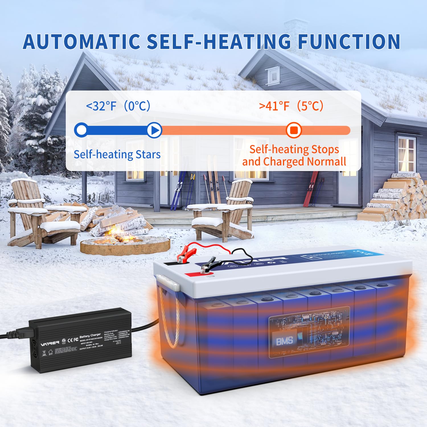 12V 300AH Bluetooth LiFePO4 Lithium Battery with Self-Heating, Built-in 200A BMS, Supports Low Temp Charging(-4°F), 5000+ Cycles, Max 2560W Power, Perfect for RV/Camper and Off-Grid Applications, etc.