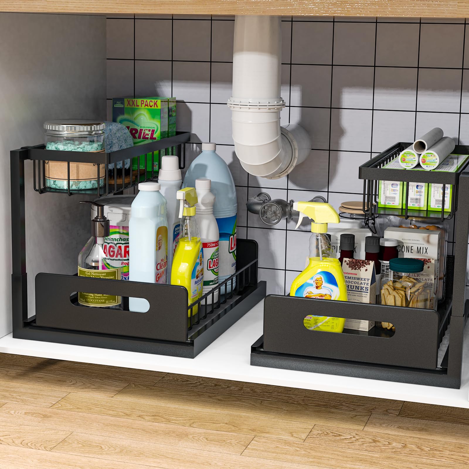 Bukfen Under Sink Organizer, Pull Out Cabinet Organizer 2-Tier Slide Out Sliding Shelf Under Cabinet Storage Multi-Use for Under Kitchen Bathroom Sink Organizers and Storage ,2 Pack