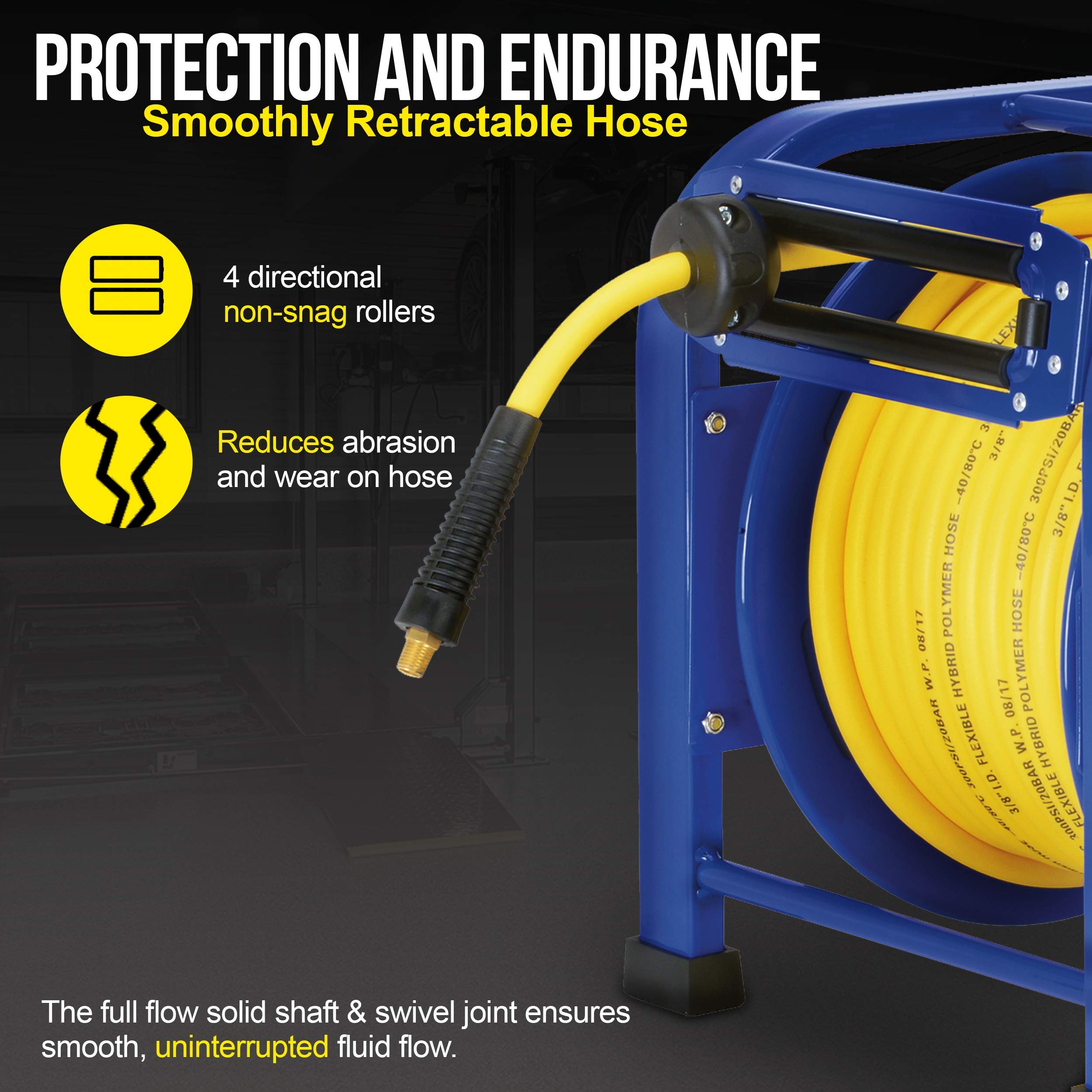 Goodyear Retractable Air Hose Reel, 3/8" x 100 Feet, 300 PSI, Spring-Driven Steel, Heavy Duty Industrial, Flex Hybrid Polymer Hose, Portable and Durable