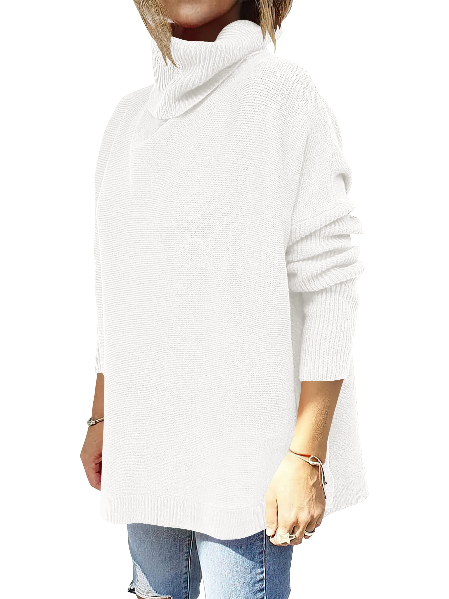 ANRABESS Women's Oversized Turtleneck Batwing Sleeve Spilt Casual Loose Knit Tunic Pullover Sweater Tops 2024 Fall Outfits White Medium