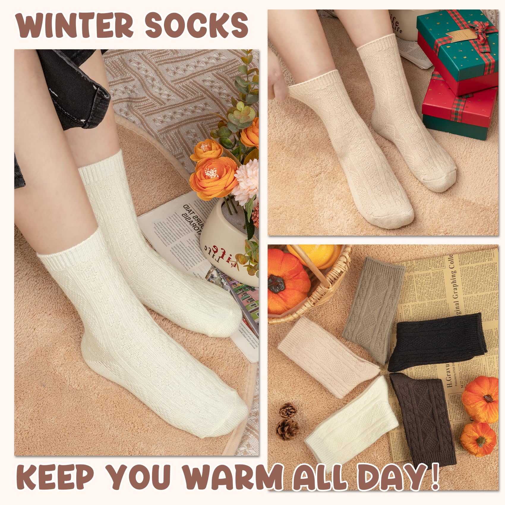 Justay 5 Pairs Womens Wool Socks Thick Warm Winter Socks Casual Cozy Socks Vintage Knit Crew Socks Gift for Women