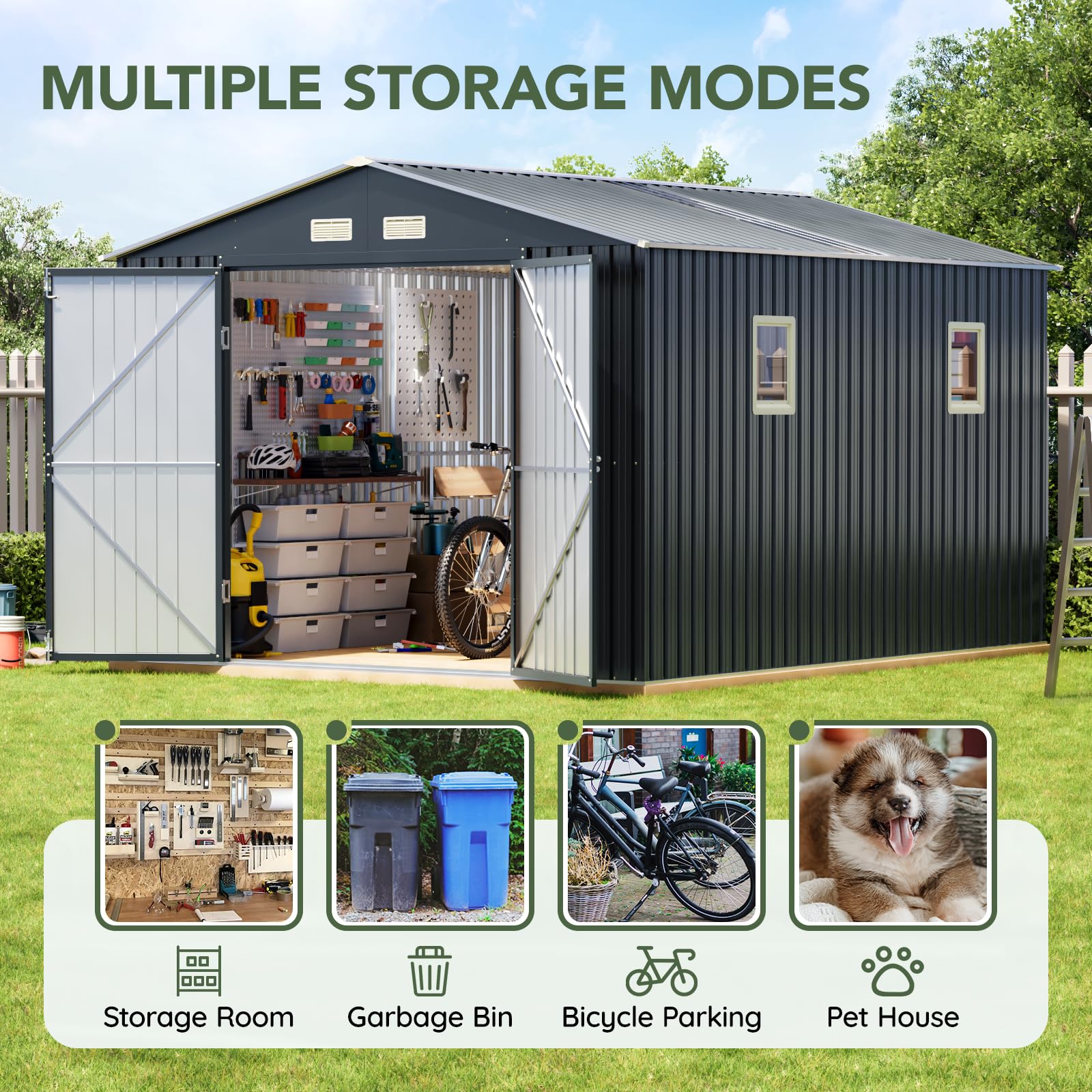 Grovellis 10x12 FT Outdoor Metal Storage Shed, Double Swing Doors, 2 Clear Windows, Replaceable Skylight Roof Panel, Tool Shed for Garden, Patio, Backyard