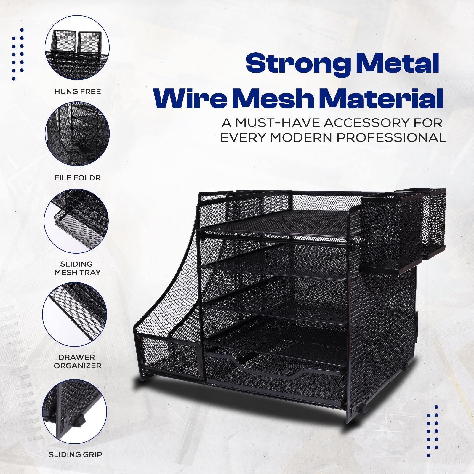 SimArtz 5-Tier Paper Letter Tray Organizer with File Holder - Desk Organizer with Drawer and Pen Holders, Rust-Resistant Metal Mesh Desktop Organizer - Perfect for Home & Office Supplies (Black)