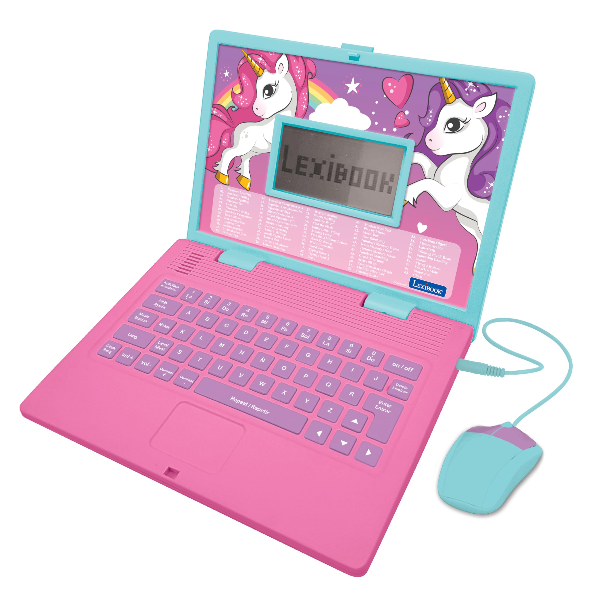 LEXiBOOK - Unicorn Educational and Bilingual Laptop Spanish/English - Toy for Children with 124 Activities to Learn Mathematics, Dactylography, Logic, Clock Reading, Play Games and Music - JC598UNIi2