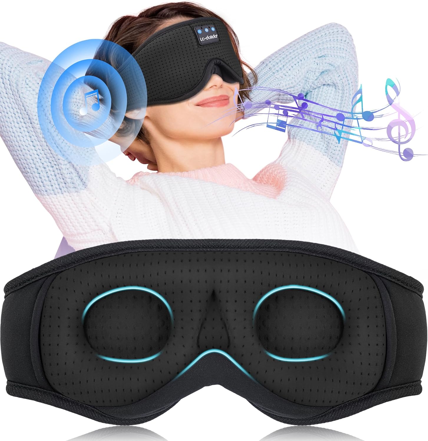LC-dolida Sleep Mask with Bluetooth Headphones Bluetooth Sleep Mask Sleep Headphones,3D Eye Mask for Sleeping Mask Music Sleeping Headphones for Side Sleepers Meditation Gifts Gadgets for Men Women, Black