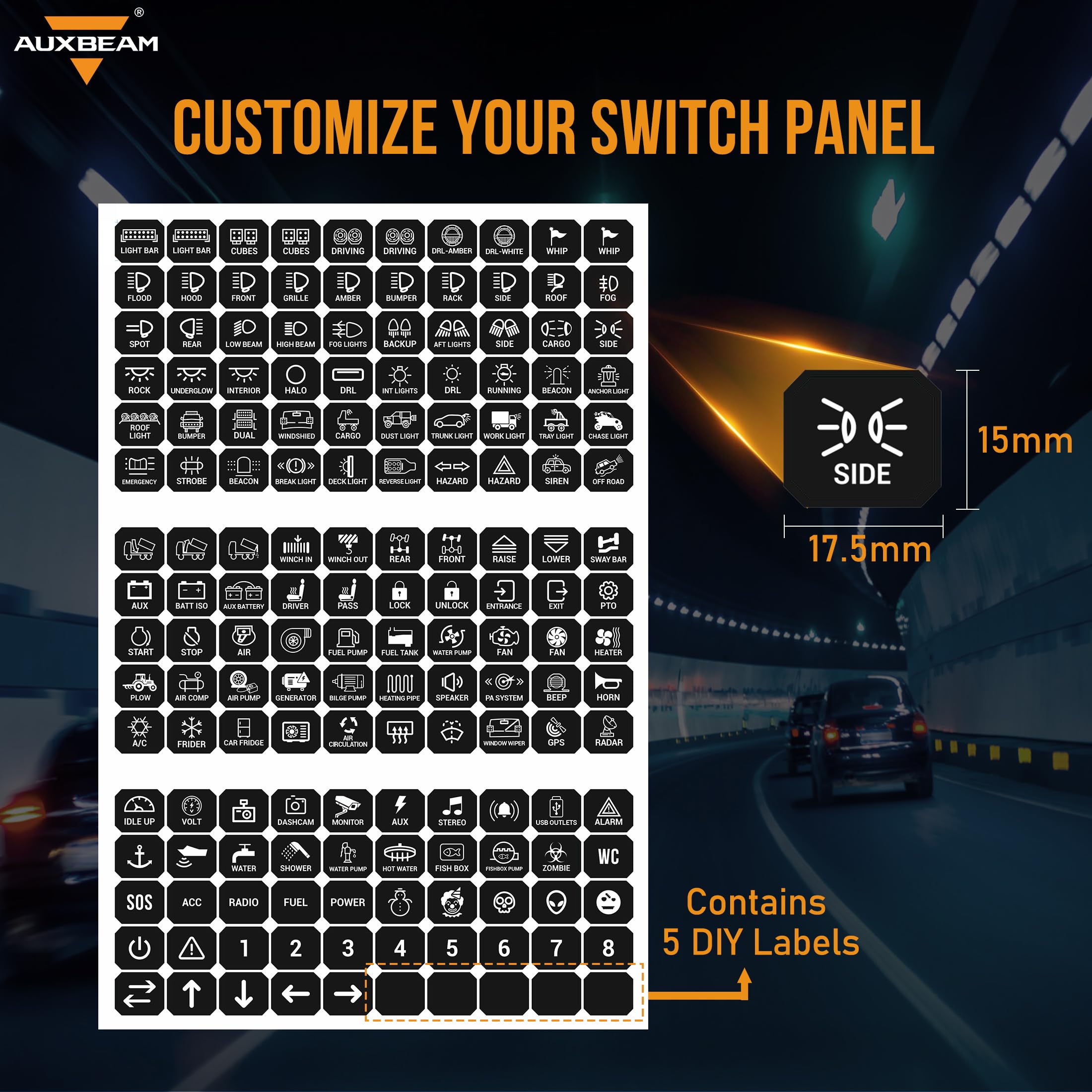 Auxbeam Switch Panel Sticker for 6/8 Gang Switch Panel Label Decal for Circuit Panel Marine Boat Truck Camper Dashboard Switch Control Labels, 160PCS