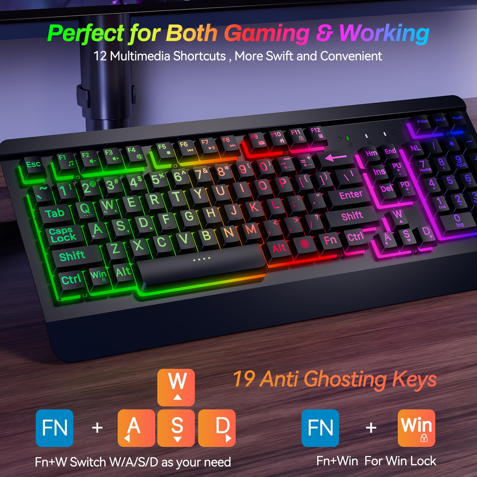 Gaming Keyboard with Large Print Keys, 7-Color Rainbow LED Backlit, Quiet Light Up Computer Keyboard with All-Metal Panel, Wrist Rest, Anti-Ghosting Multimedia Keys, USB Wired Keyboard for PC Mac Xbox