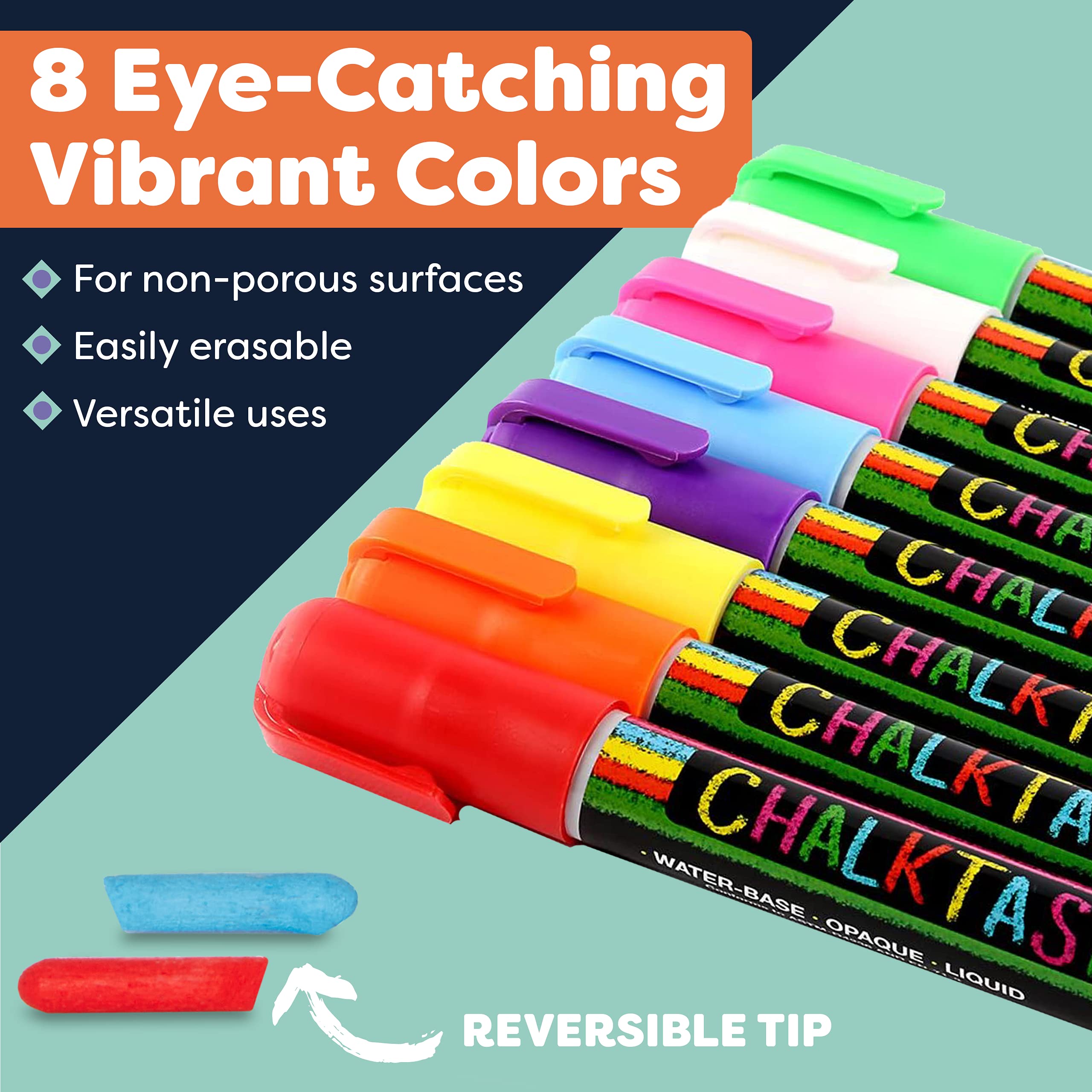Chalkboard Markers Set of 8 Washable, Erasable Chalk Ink Dry Erase Pens for School, Chalkboard Menu Board & Glass Car Window - Neon, Pastel, White Chalk Pens - Gifts for Artists