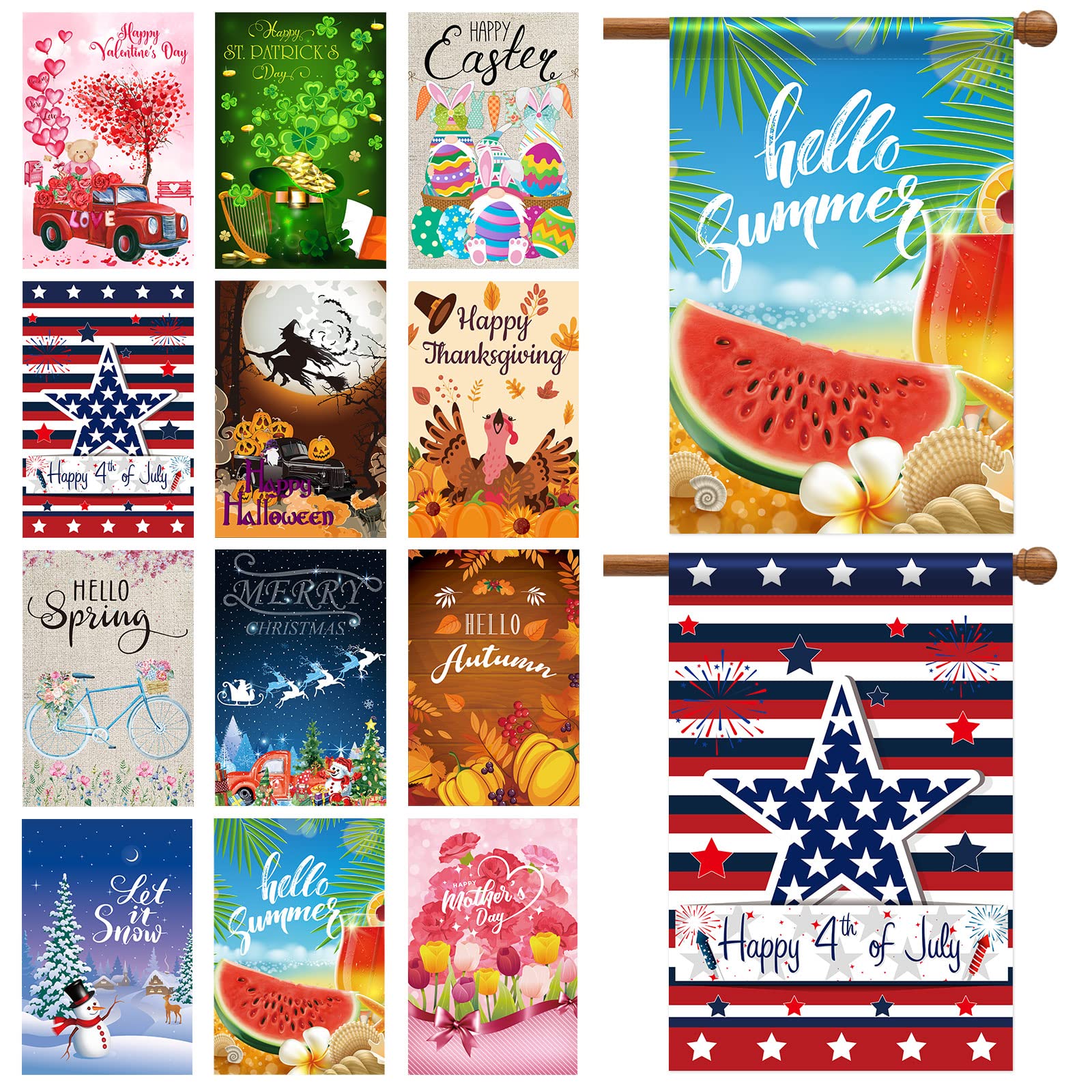 12 Pack 28 x 40 Inch Seasonal Spring Large Holiday Yard Flags Easter 4th of July Garden Lawn Double Sided Seasonal Flags Polyester Festive Set for Outdoor Decoration