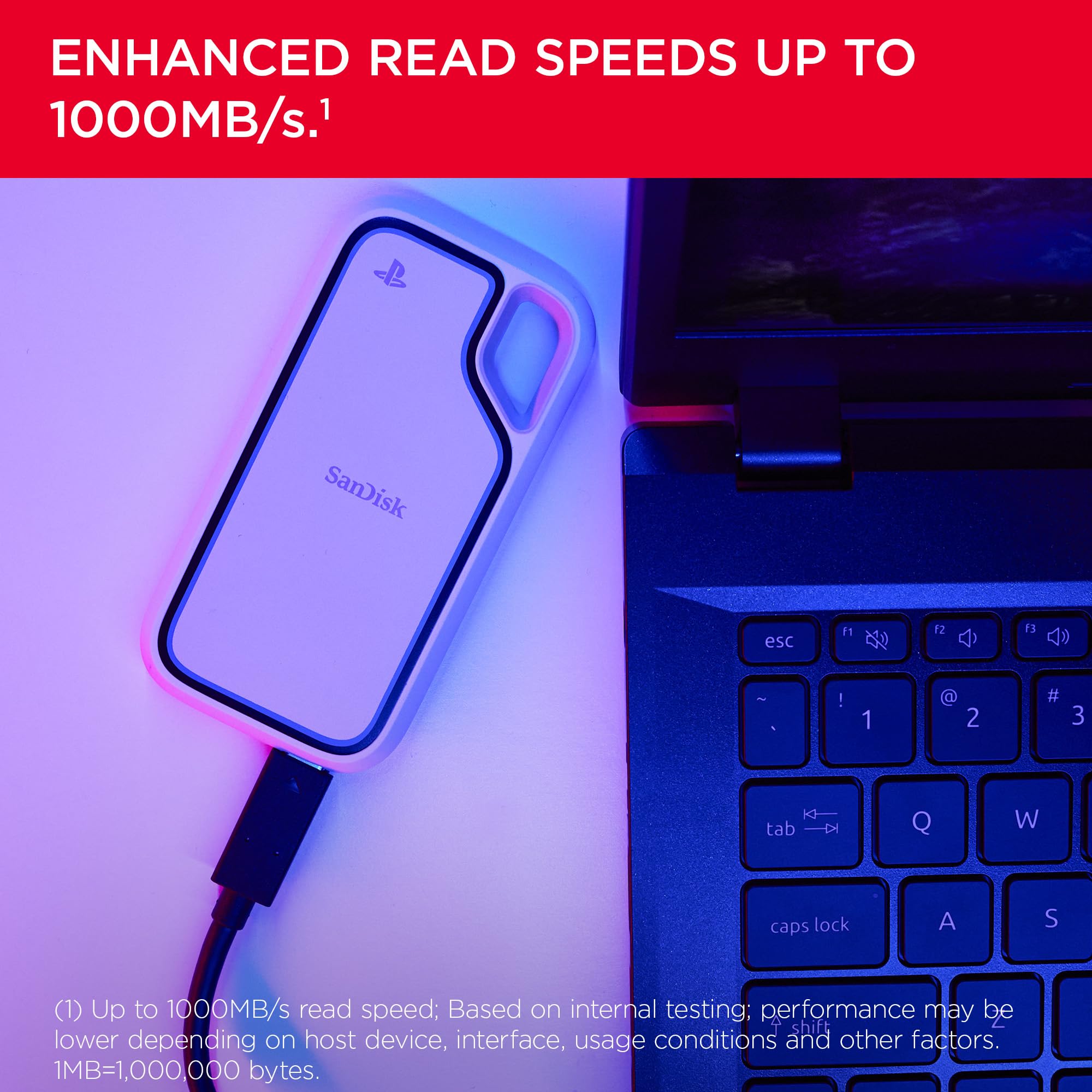 SANDISK 2TB Extreme Portable SSD, Officially Licensed for PlayStation 5 Console and PC - up to 1000MB/s, USB-C, USB 3.2 Gen 2, Drop Protection - External Solid State Drive - SDSSDE62P-2T00-G25