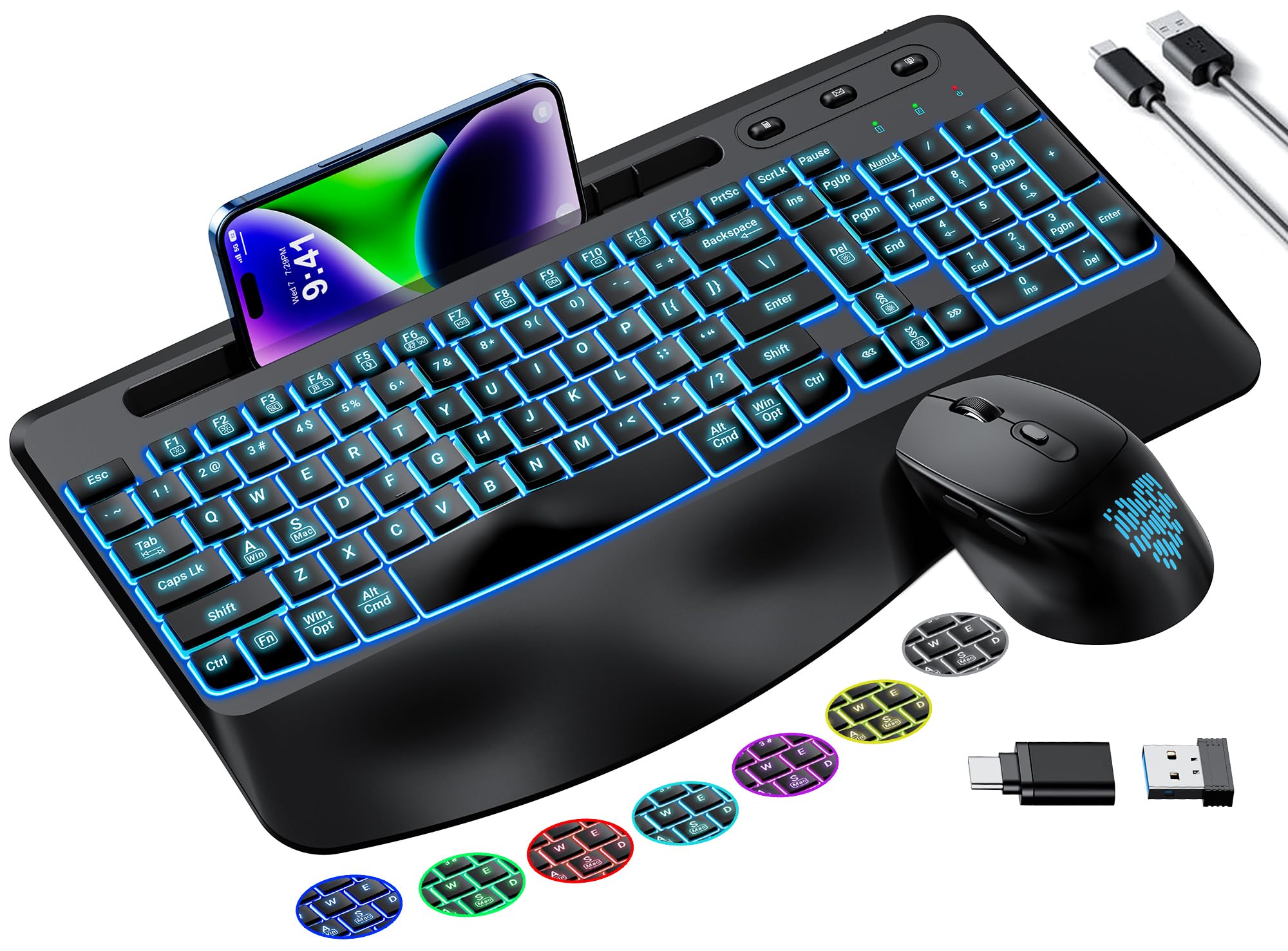 Wireless Keyboard and Mouse Combo Telylou Ergonomic Quiet Keyboard Mouse Combo 7 Backlit Effects, Wrist Rest, Phone Tablet Holder 2.4GHz Ergonomic Mouse and Keyboard for Windows, Mac, Computer, PC