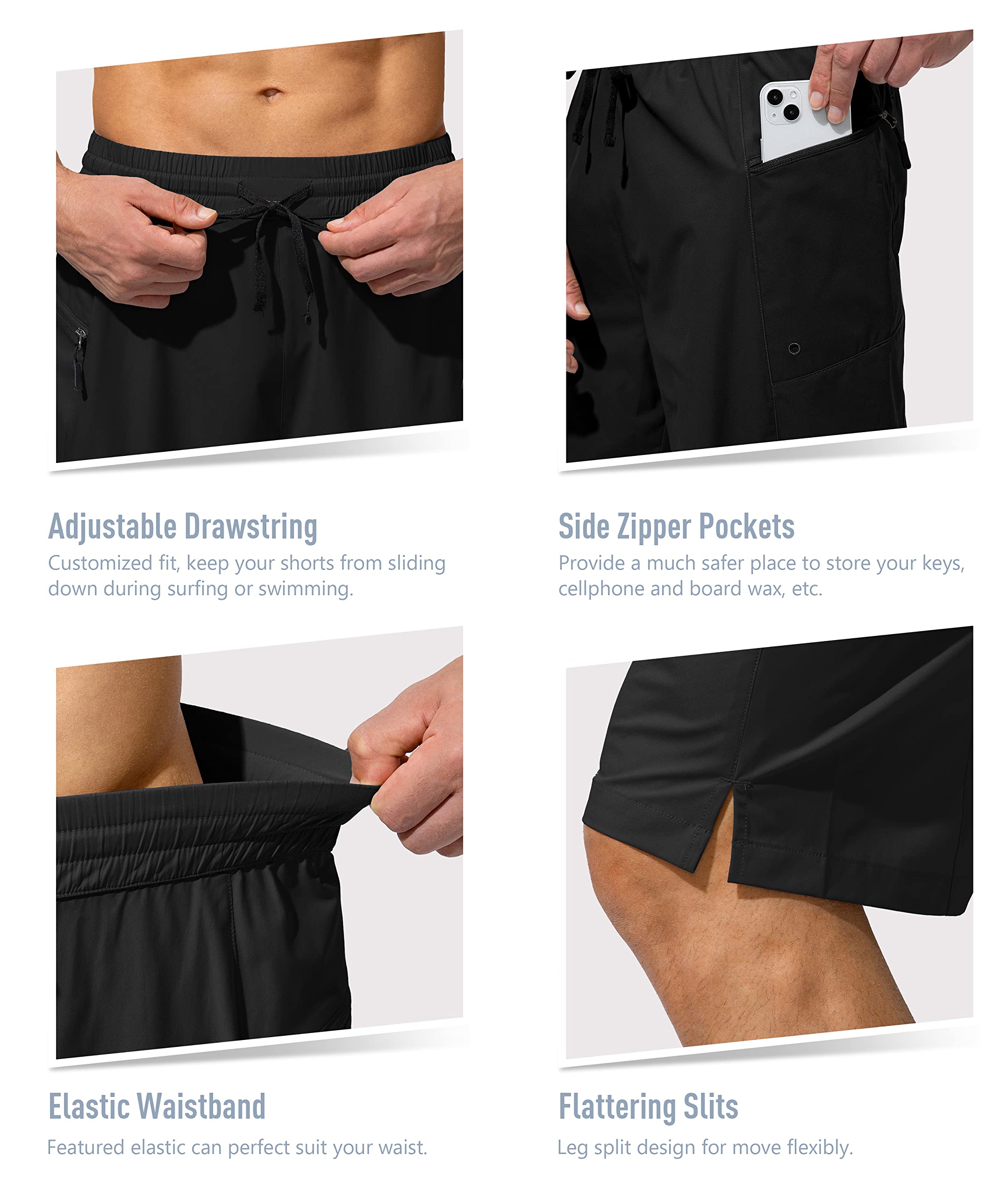 Men's Swim Trunks Quick Dry Board Shorts with Zipper Pockets Beach Shorts Bathing Suits for Men - No Mesh Liner(Black,XL)
