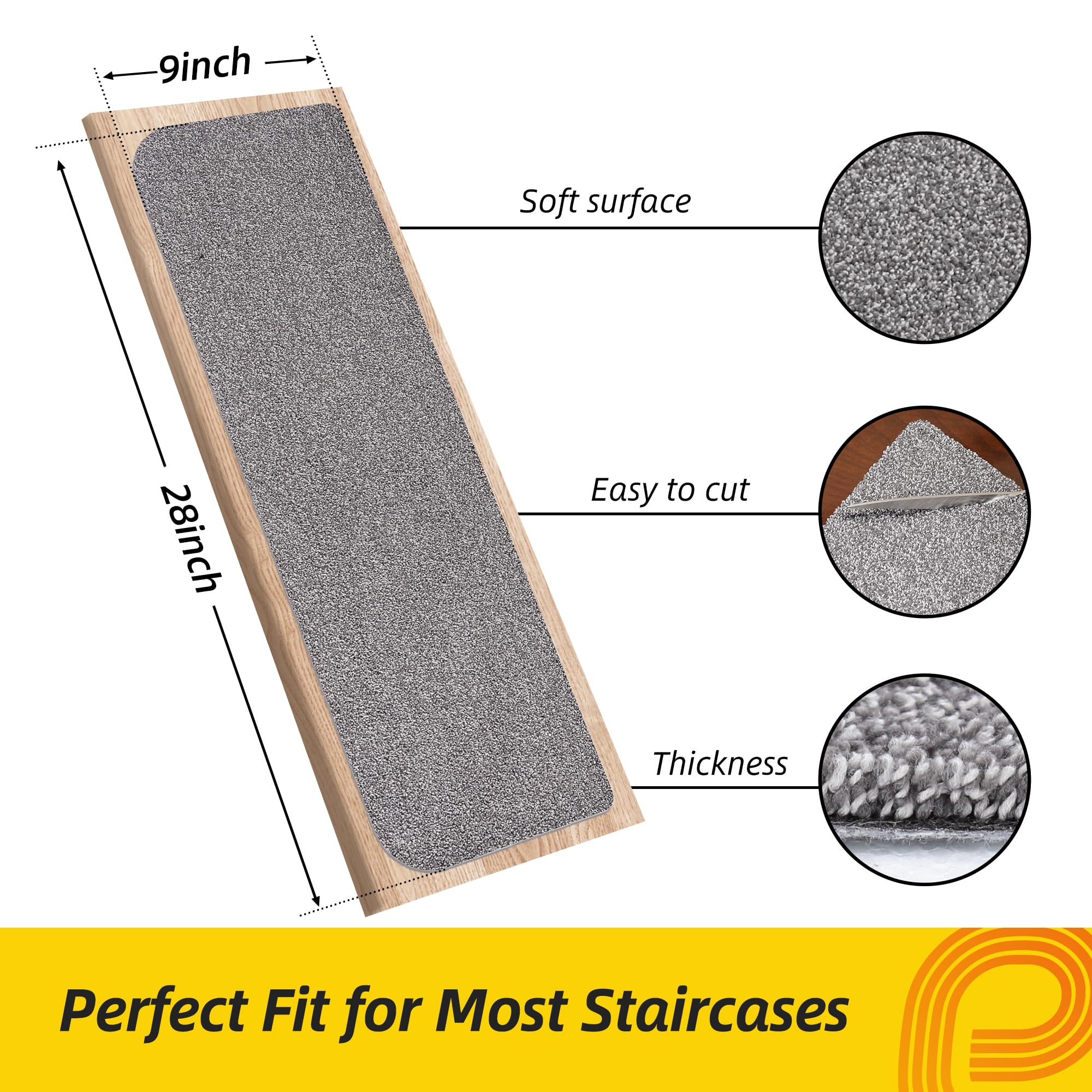 Non-Slip Stair Treads for Wooden Steps Indoor, 15 Pack 9" X 28" Stair Carpet Mats with TPE Backing for Kids Elders and Dogs, 0.3" Thick 100% Polyester Soft Stair Runner Rug, Light Grey
