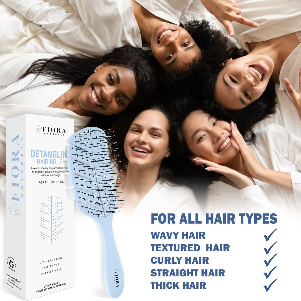 Detangler Brush by Fiora Naturals - 100% Bio-Friendly Detangling brush w/Ultra-Soft Bristles - Glide Through Tangles with Ease - For Curly, Straight, Black Natural, Women, Men, Kids - Dry and Wet Hair