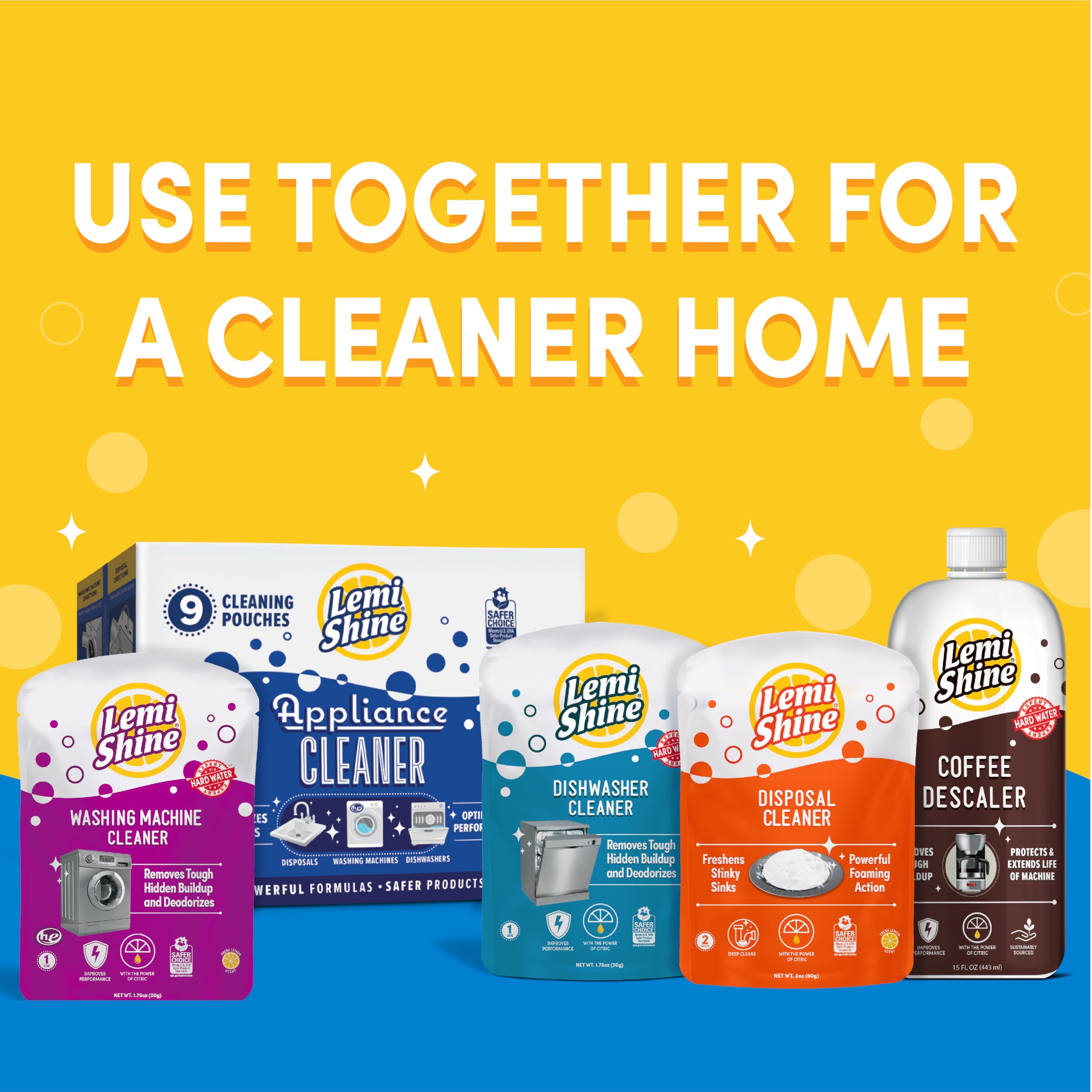 Lemi Shine Appliance Cleaner & Deodorizer | Powered by Citric Acid | 100% Guaranteed To Clean | Works As A Dishwasher, Washing Machine, & Garbage Disposal Cleaner, 9 Pouches