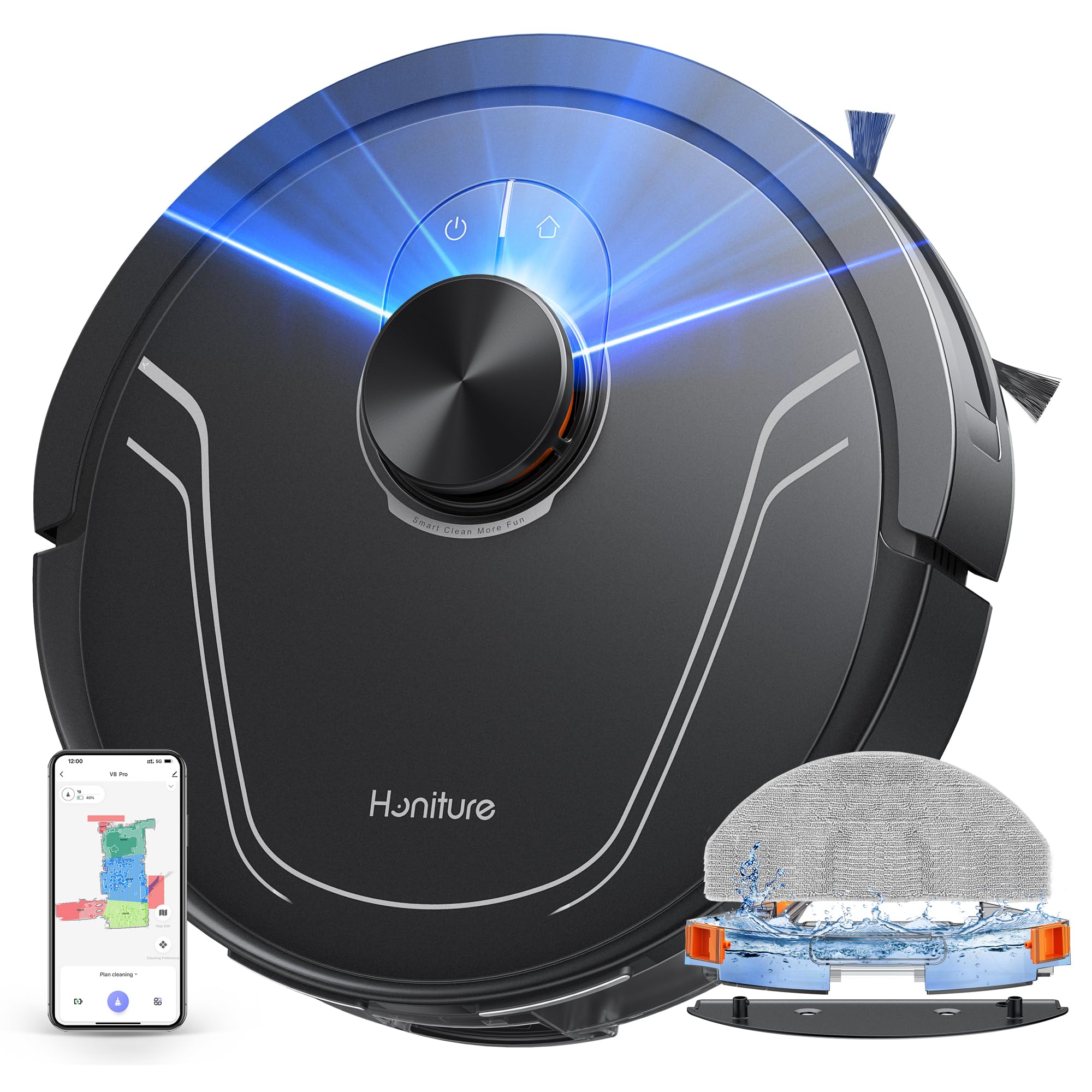 HONITURE Robot Vacuum and Mop Combo,V8 Pro Robot Vacuum Cleaner with 5000Pa Max Suction,Laser Navigator Robotic Vacuums with 180 Mins Run Time,Self-Charging,App Control,Ideal for Pet Hair