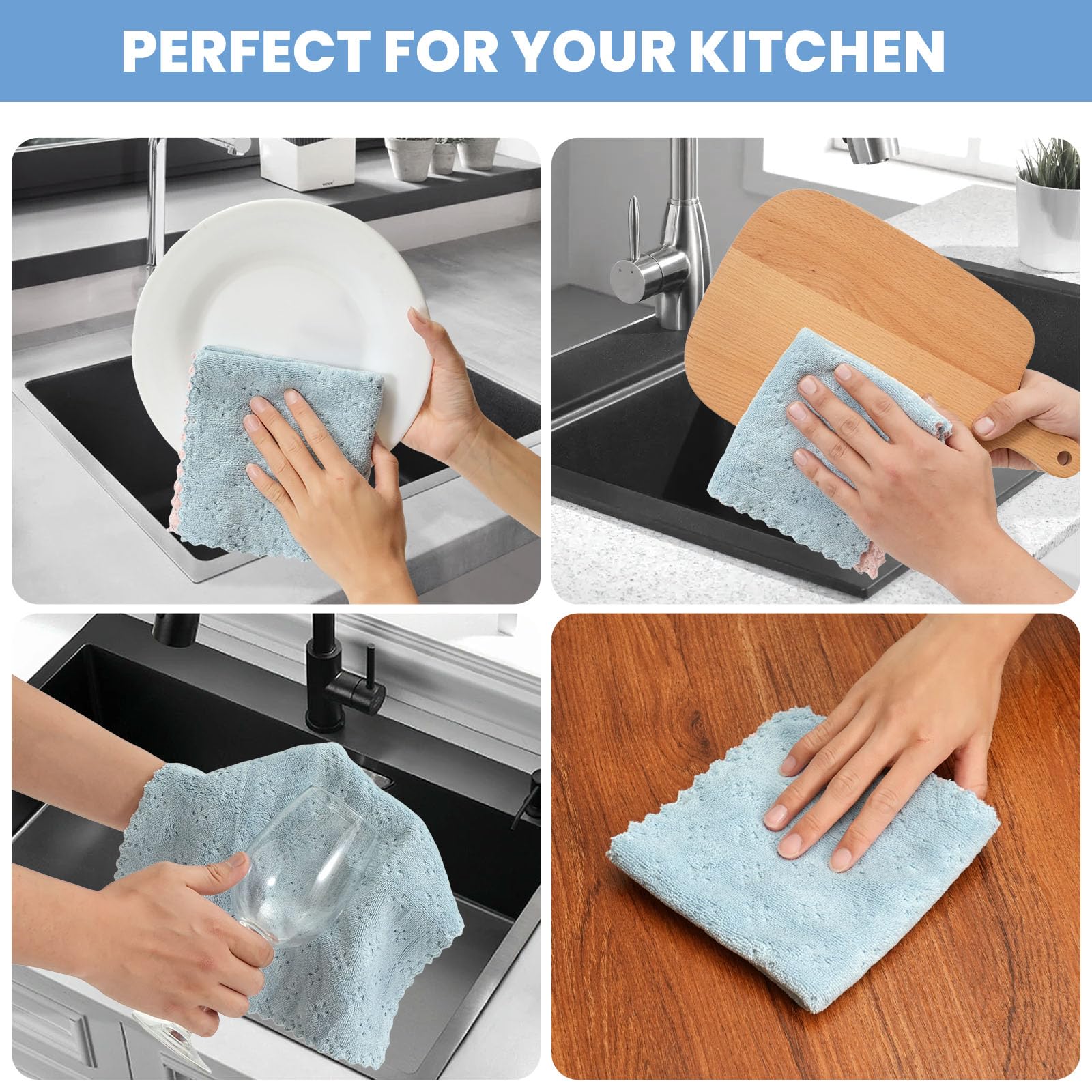 Neessno Kitchen Dish Cloths,Super Absorbent Coral Velvet Dish Towels,Quick Drying Kitchen Towels No Lint Dish Rags,Reusable Household Microfiber Cleaning Cloth,12X12 inches,12 Pack,Sky Blue - Pink