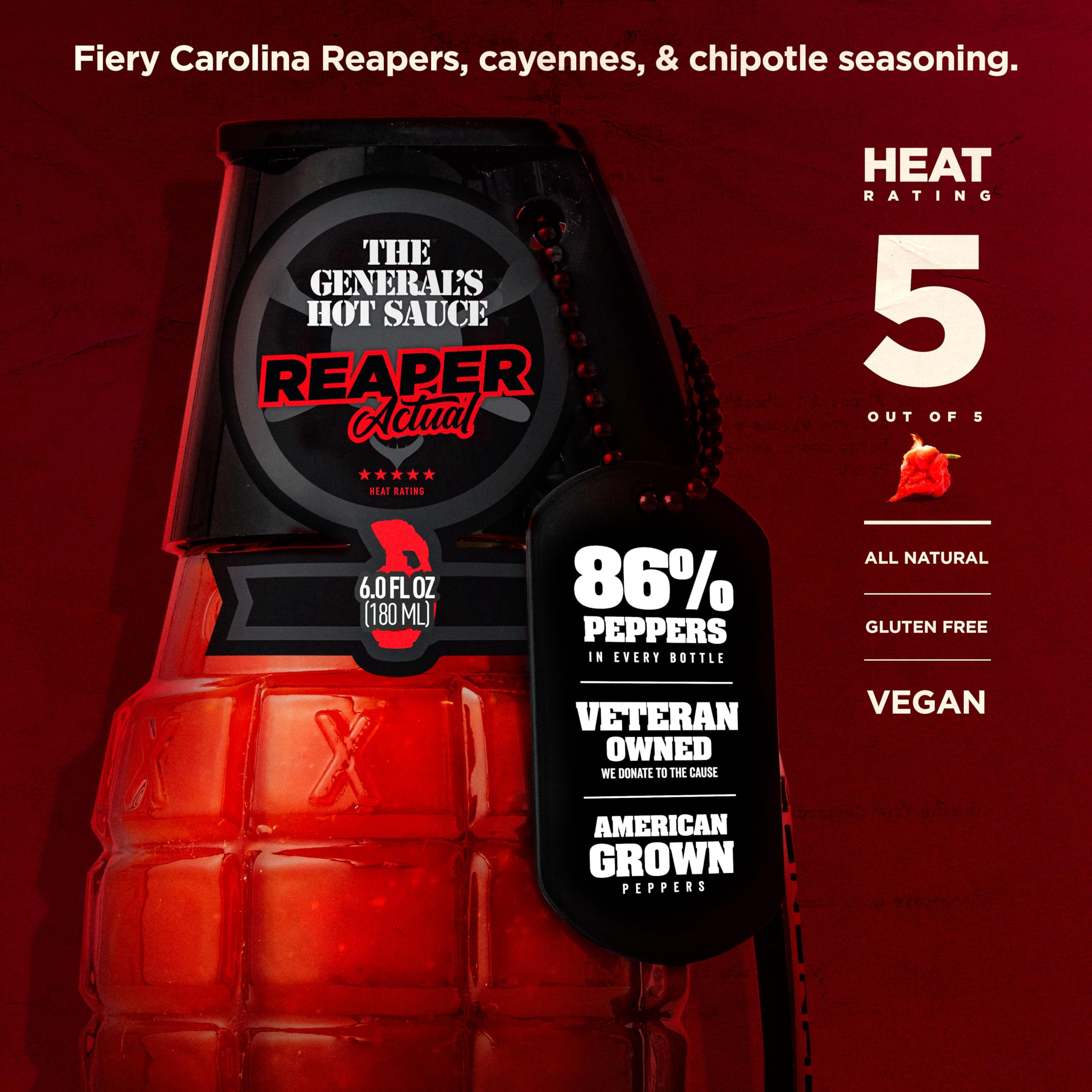The General’s Hot Sauce Reaper Actual - Carolina Reaper, Cayenne, Chipotle Peppers - 5/5 Heat Rating, Spicy Sauce - Great for Wings, Tacos, Holiday Hot Sauce Gift - American Grown, Veteran-Owned, 6oz