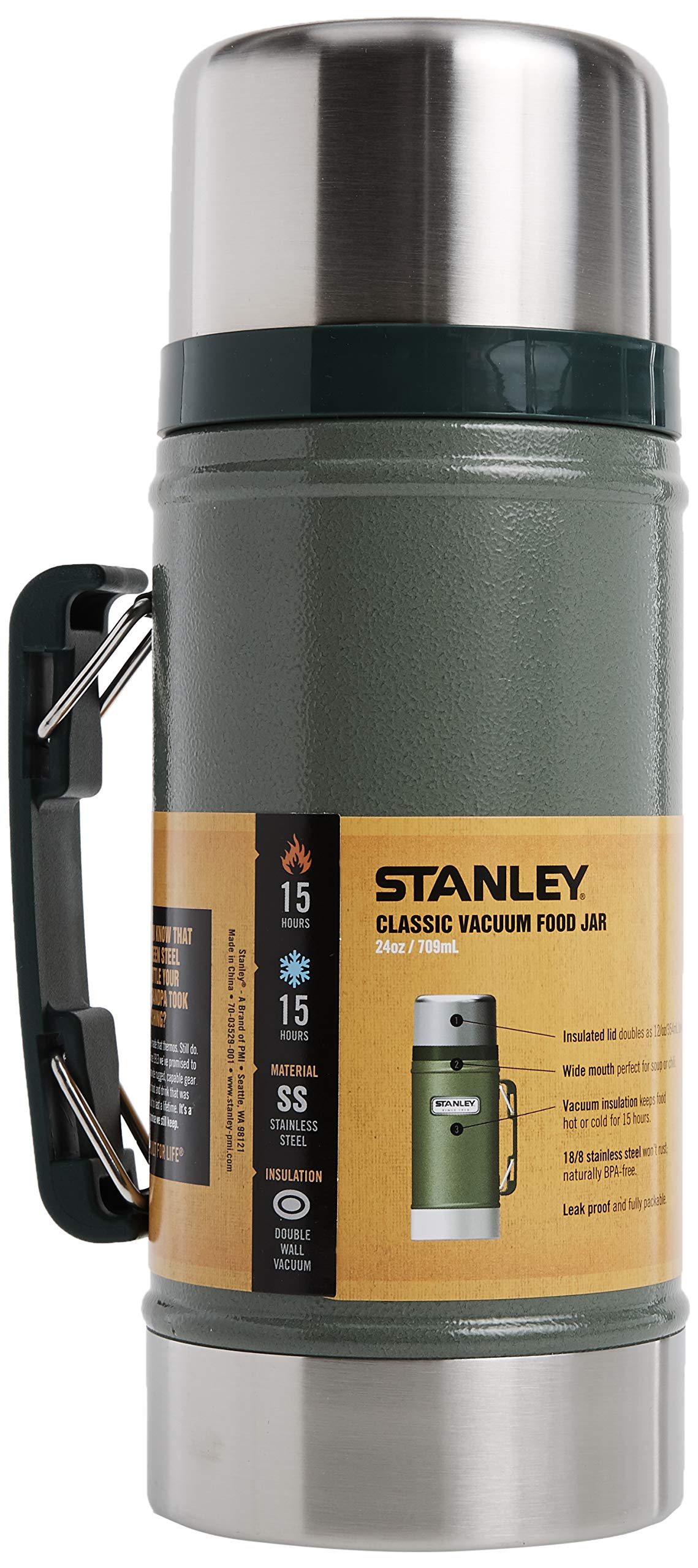 Stanley Classic Legendary Vacuum Insulated Food Jar – Stainless Steel, Naturally BPA-free Container – Keeps Food/Liquid Hot or Cold for 15 Hours – Leak Resistant, Hammertone Green, 24 OZ / 0.71 L