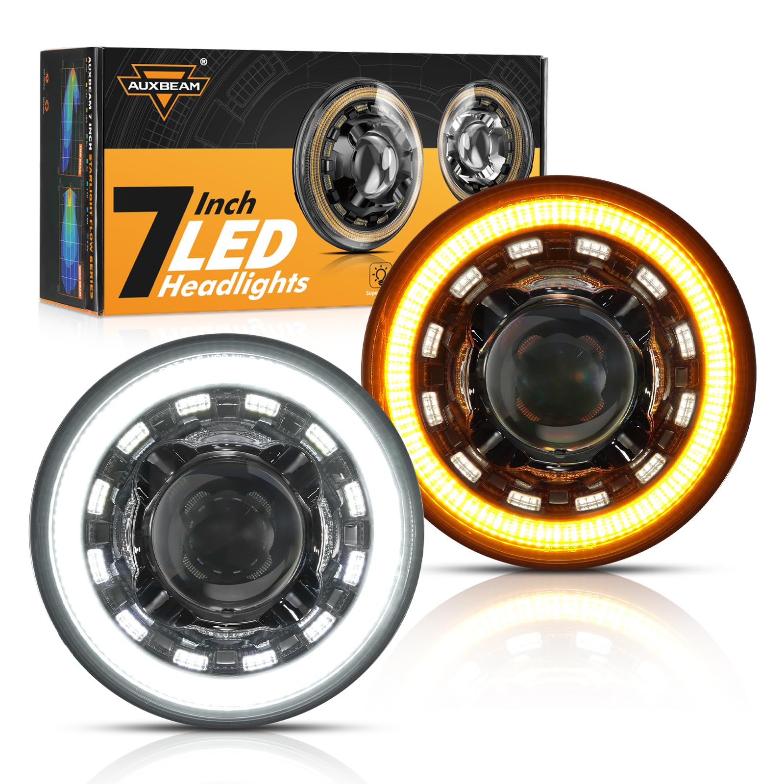 Auxbeam 7 Inch LED Headlights Black H6024 with DRL & Turn Signal & Start-up Gradient Welcome Light Replacement for 1997-2018 Jeep Wrangler JK JKU TJ LJ CJ, DOT Approved Anti-glare 7" Round Headlamps