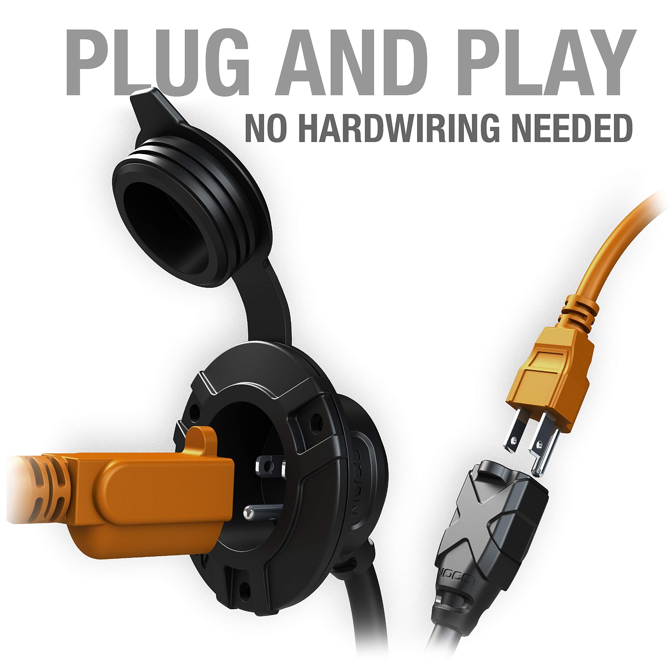 NOCO GCP1E 15A AC Port Plug, 125V Power Inlet Socket, Charger Plug, and Waterproof Electrical Outlet Receptacle with 6-Foot Integrated Outdoor Extension Cord