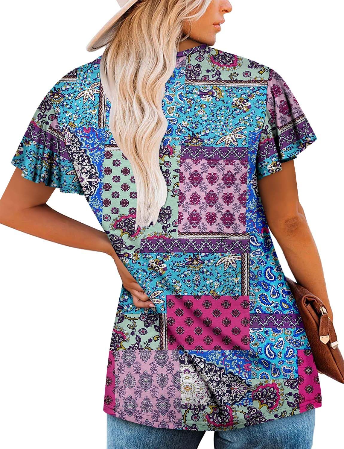 Womens Ruffle Short Sleeve Tunic Tops V Neck Loose Fit Flowy Blue Blocks Summer Tops XXL