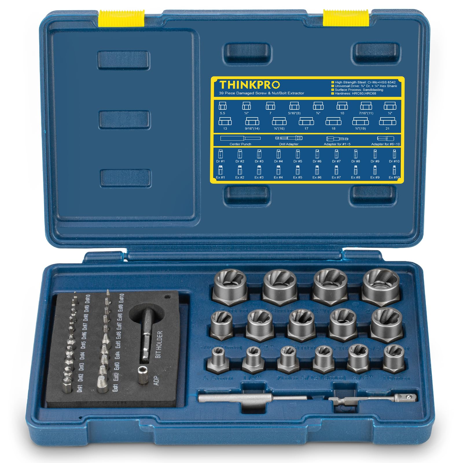 THINKPRO Screw & Bolt Extractor Set,39 PCS Easy Out Stripped Screw Remover with Hex Adapter,Damaged Screw Extractor Set for Broken,Frozen,Rusted,Rounded-Off Studs.