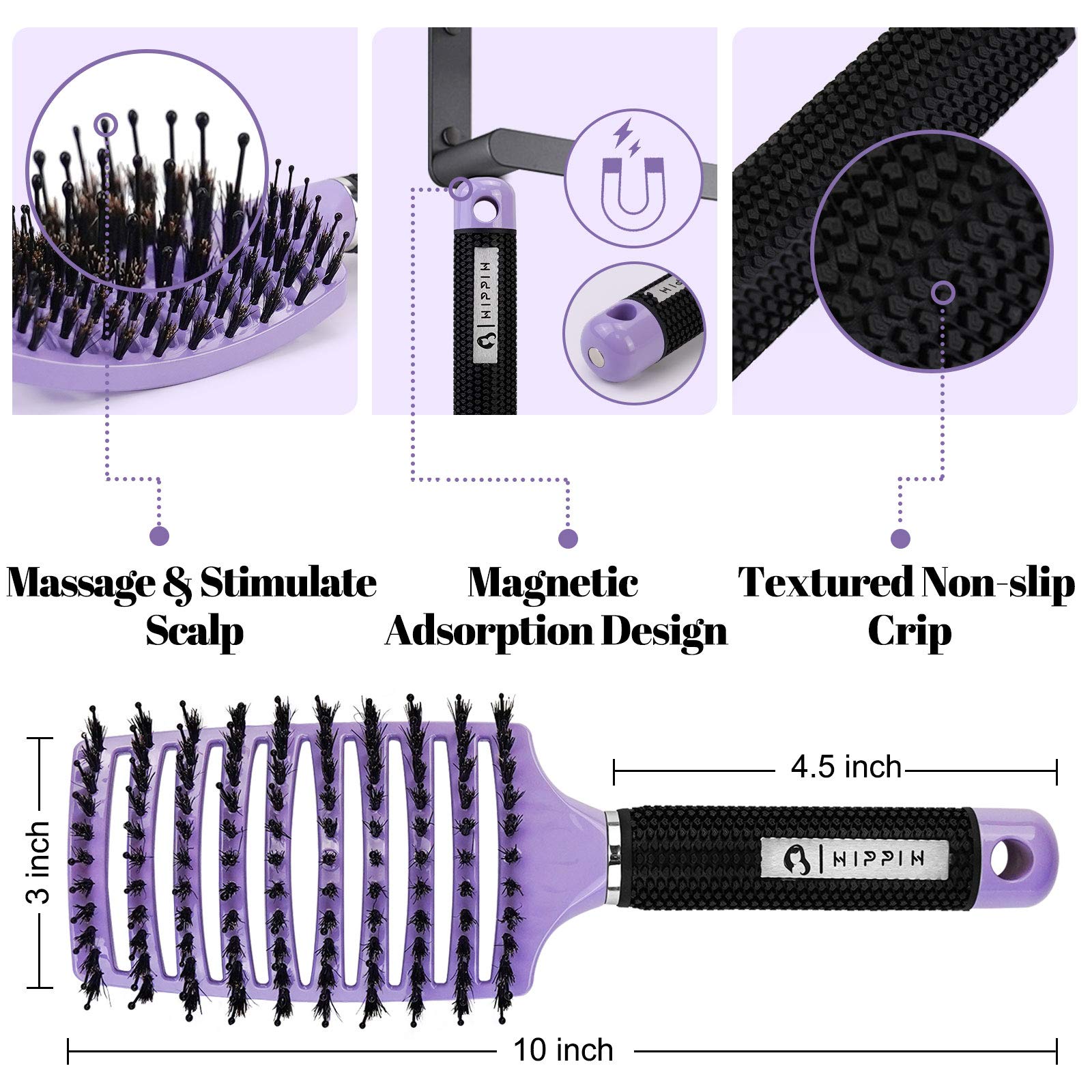 Boar Bristle Hair Brush Set of 2, HIPPIH Wet & Dry Hair Brushes Made by Fine Natural Boar Hair Can Adds Shine and Smoothing, Detangling Long Curly Thick Hair for Women, Men & Kids'