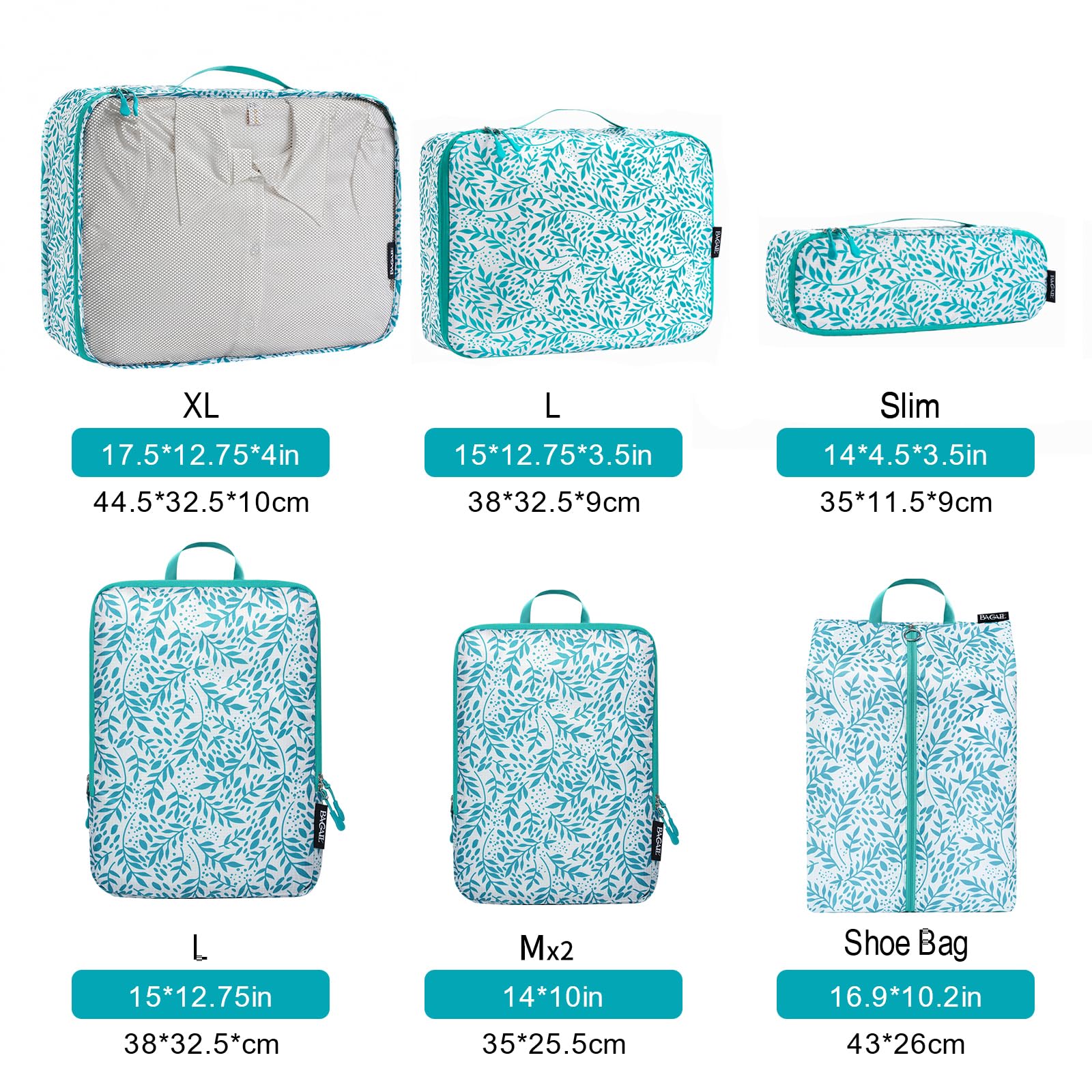 Bagail Ultralight 3 Compression Packing Cubes 3 Packing Organizers With 1 Shoe Bag-Leaf, 7 Set