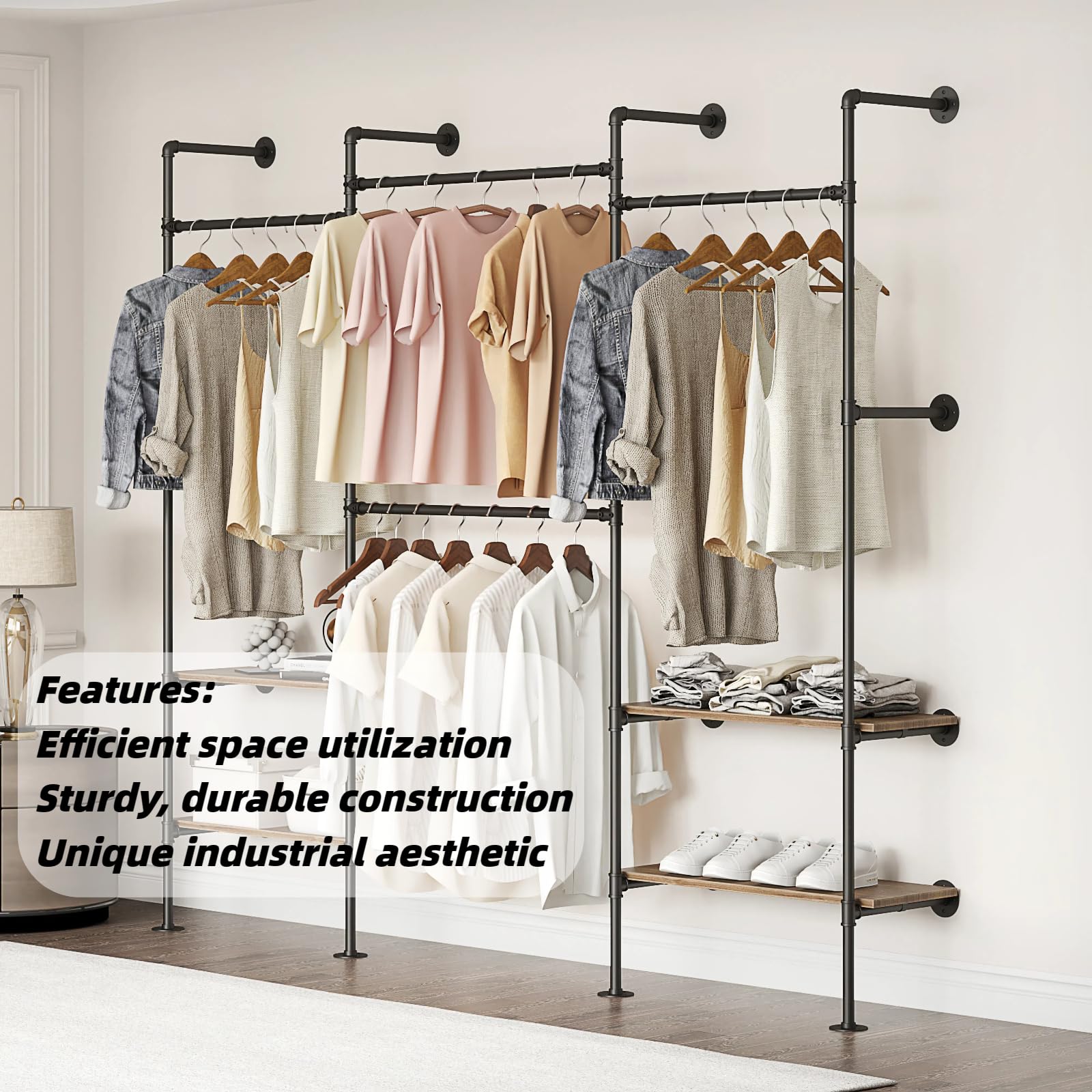 Woskar Industrial Pipe Clothing Rack, Wall Mounted Clothes Rack for Hanging Clothes, Retail Display Rack with Shelves, Add Corner installation Method (Black, III-2Tier)