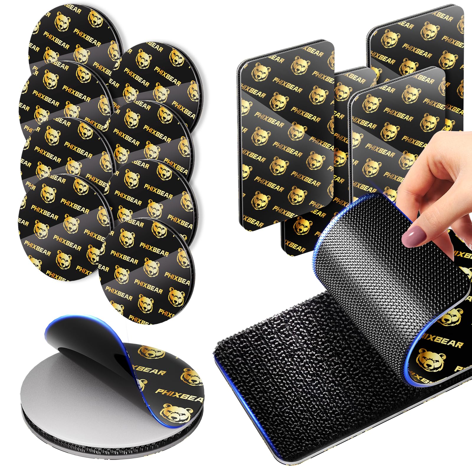 PHIXBEAR Hook and Loop Strips with Super Adhesive Heavy Duty, Heat Resistant Waterproof, 4 Sets 3.6"x2" Square & 8 Sets 2" Round, Car Mats Outdoor or Indoor Use