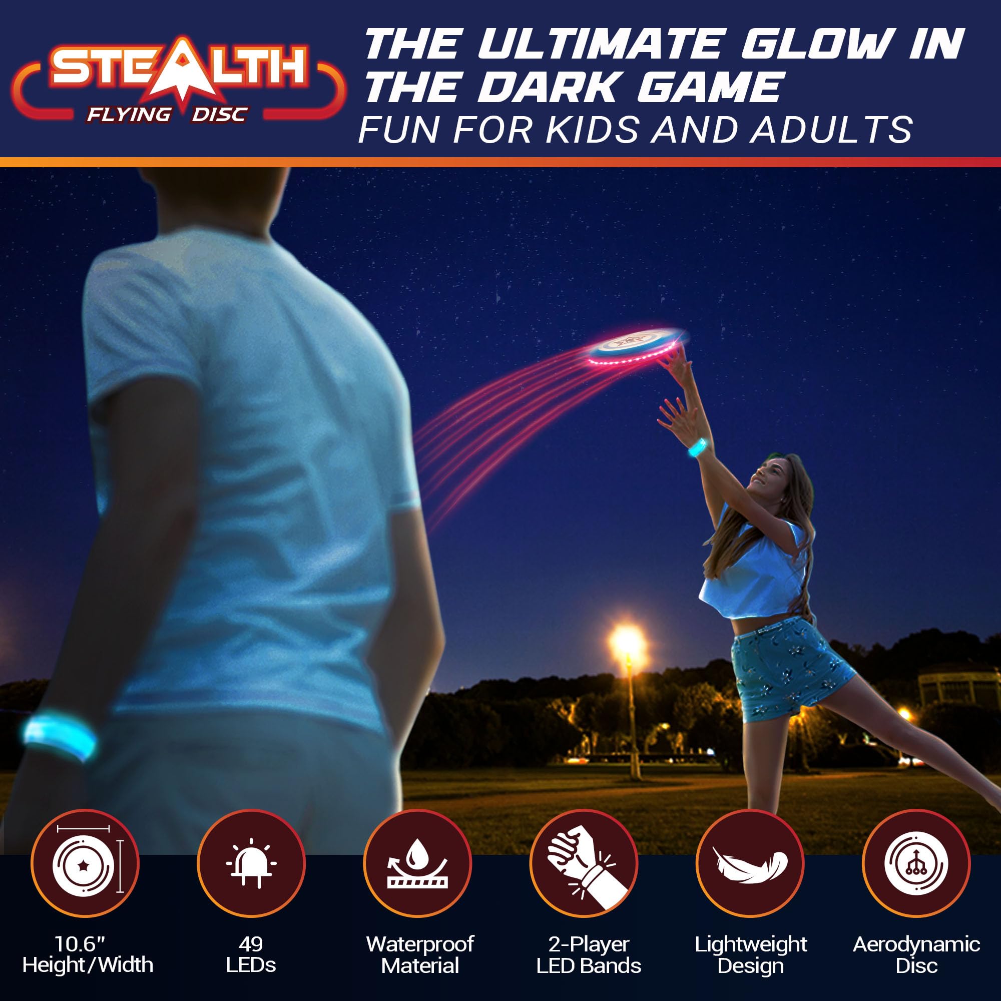 USA Toyz Stealth LED Flying Disc- Light Up Disc for Adults and Kids, 49 LEDs Glow in The Dark Disk, 2 LED Arm Bands, Sport Golf Ultimate Disc Outdoor Game Set, Waterproof Glow Hover Discs (Red/Blue)