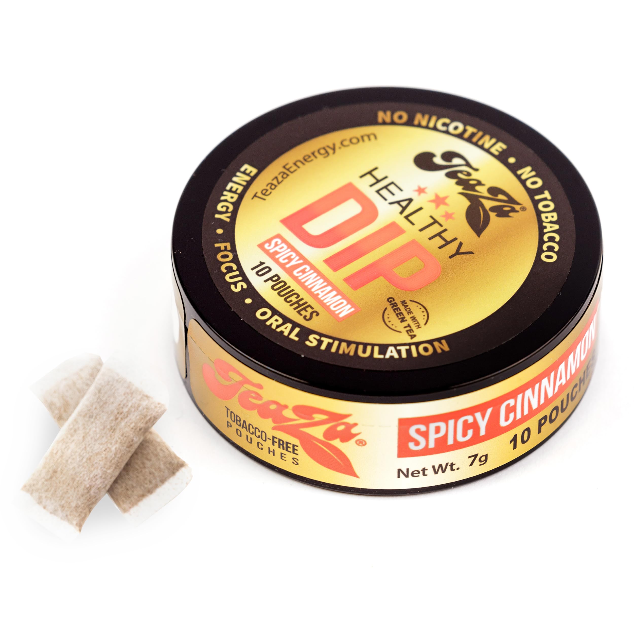 TeaZA Herbal Energy Pouch Spicy Cinnamon Flavor, Nicotine Free, Tobacco Free Pouches Smokeless Tobacco Replacement, Made with Green Tea Energy Dip Pouches (1 Puck)