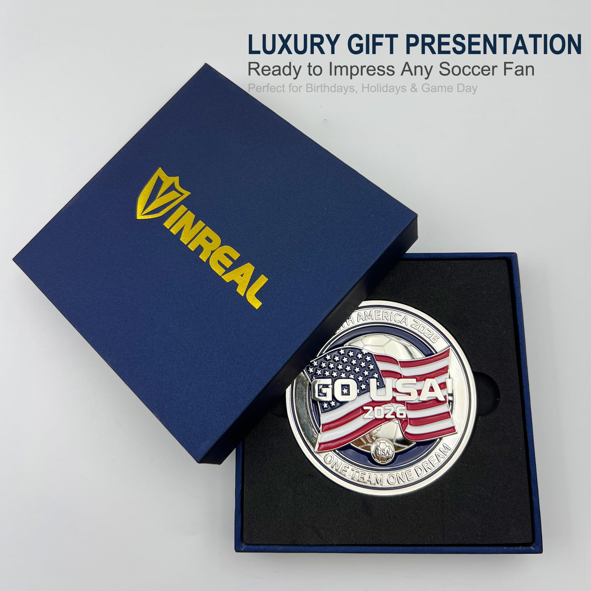 USA Soccer Fridge Magnet, Go USA 2026 Fan Gift, 3D Metal Coin-Style Magnet with Ridged Edge, Solid Zinc Alloy Collectible, Premium Gift Box Included