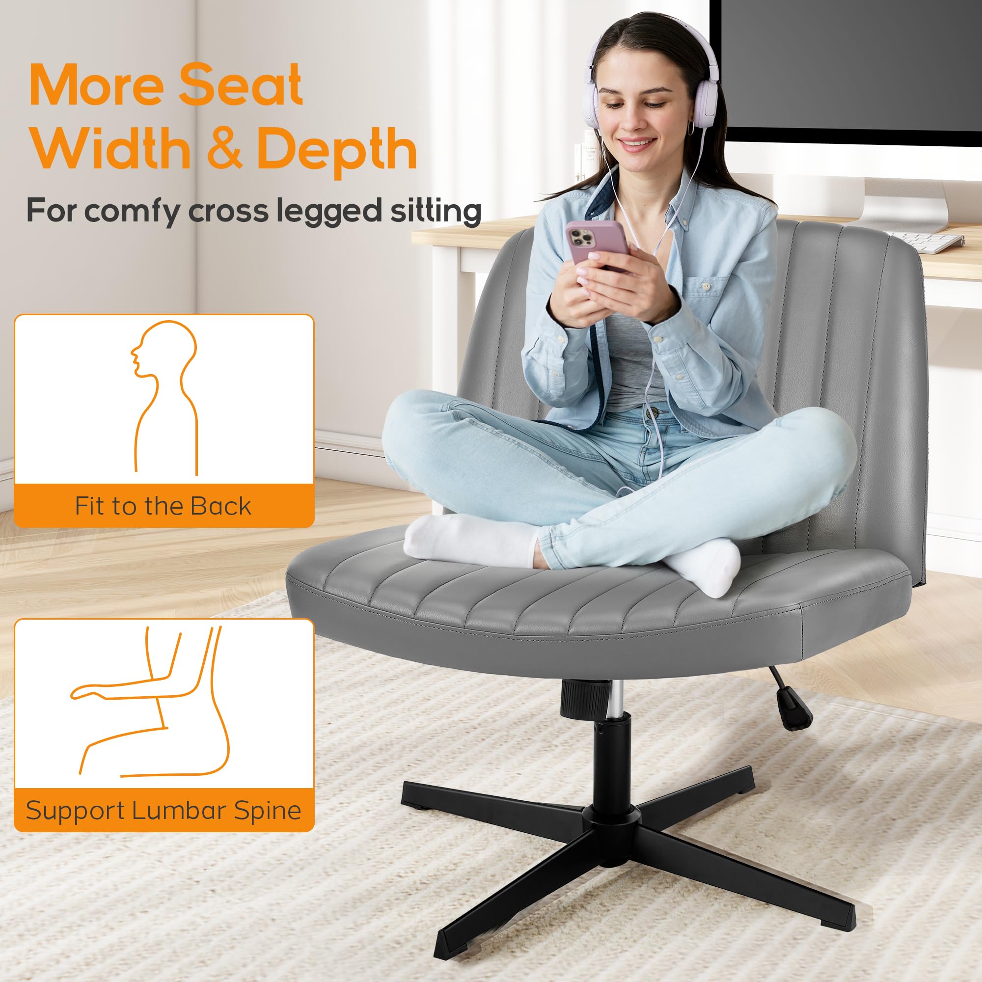 DUMOS Criss Cross Legged Office, Wide Comfty Desk, Wheels Armless Computer Task, Swivel Vanity Home Chair, Height Adjustable, Roman Silver