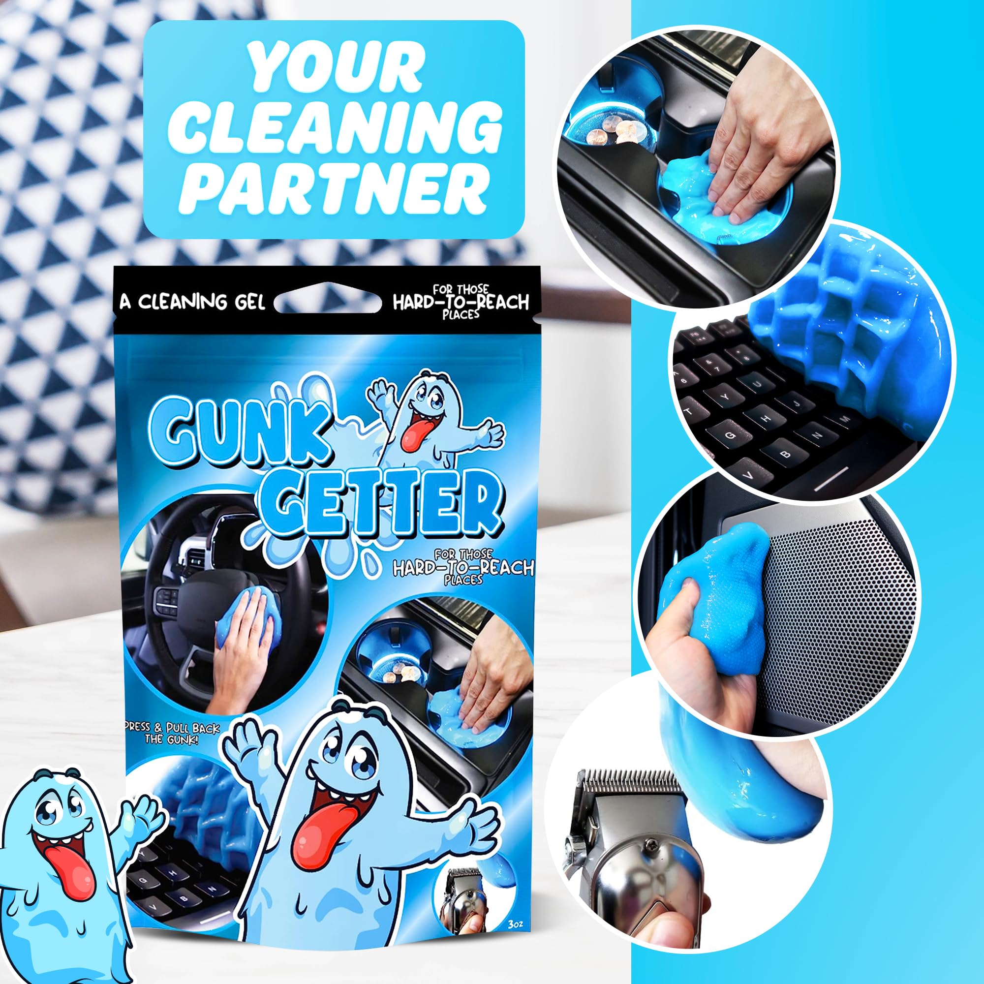 Gunk Getter 12 Pack Cleaning Gel for Those Hard to Reach Places, Automotive Cup Holder Electronic Keyboard Office, Slime Gel Cleaner Dust Crumb Removal (Resealable Pouch, Blue, 3oz)