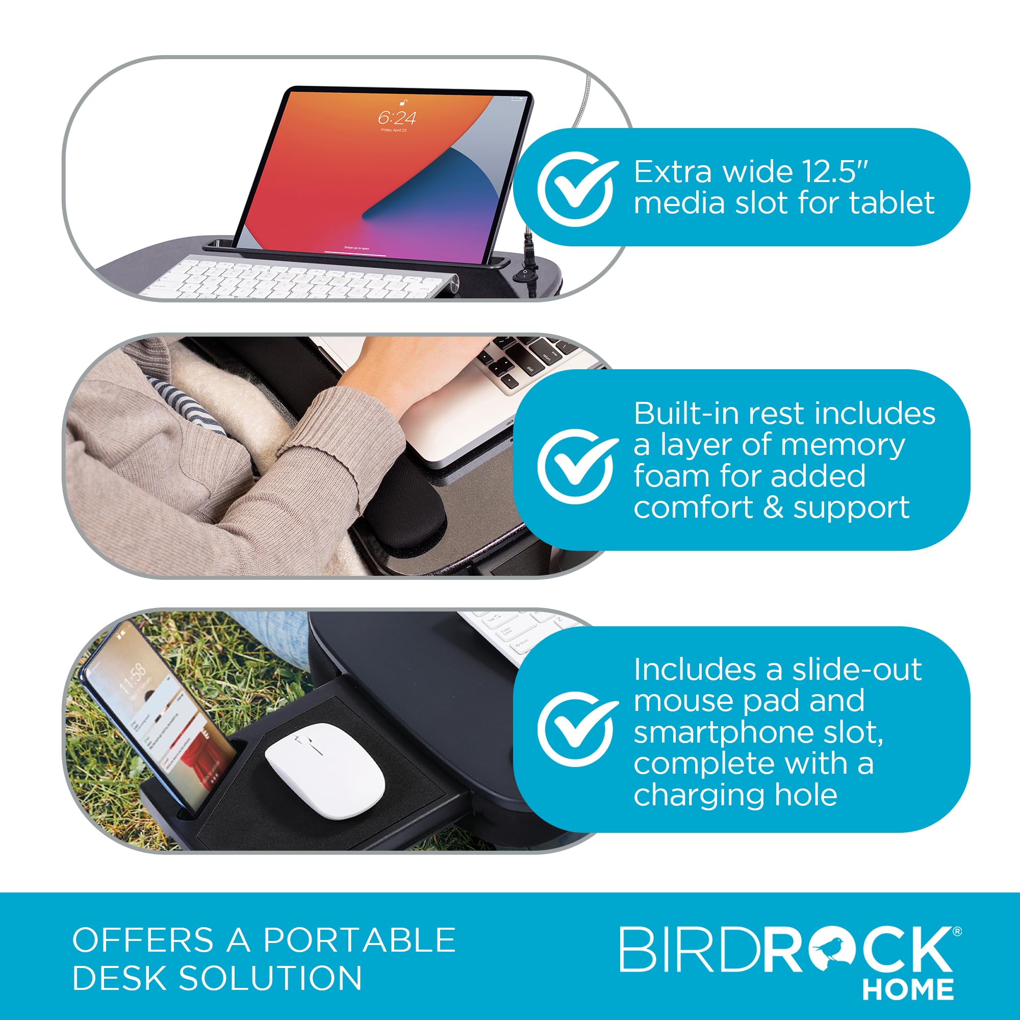 SOFIA + SAM Multi-Tasking Memory Foam Lap Desk up to 15" Laptop w/USB Light & Mouse Pad - Portable Foldable Laptop Tray w/Cushion for Bed, Couch, Desk - Ergonomic Lapdesk for Home Office & Reading