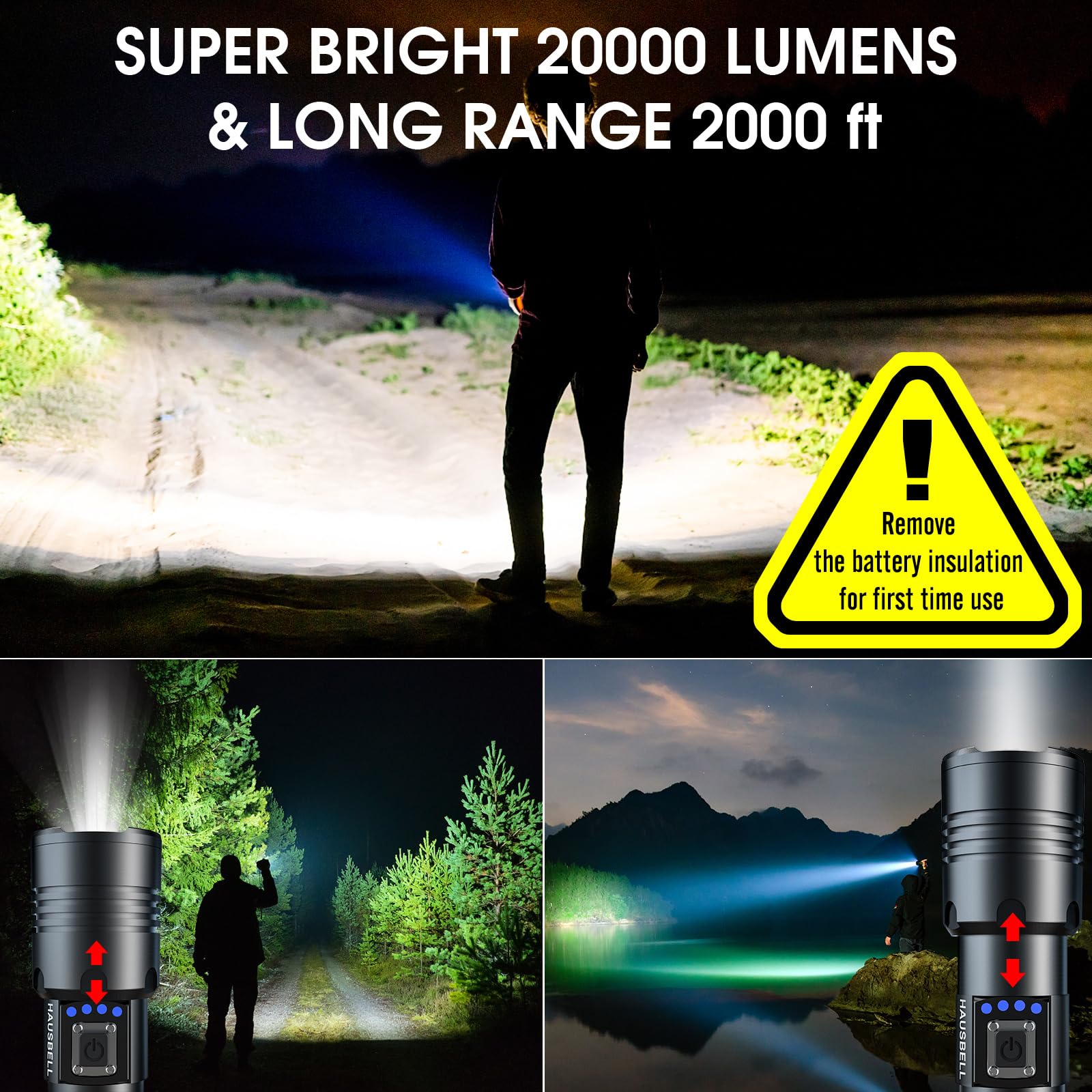 HAUSBELL Rechargeable LED Flashlights High Lumens, 20000 Lumens Super Bright Zoomable Waterproof Flashlight with 5 Modes, Input and Output, Powerful Handheld Flashlight (A300-2 Pack)