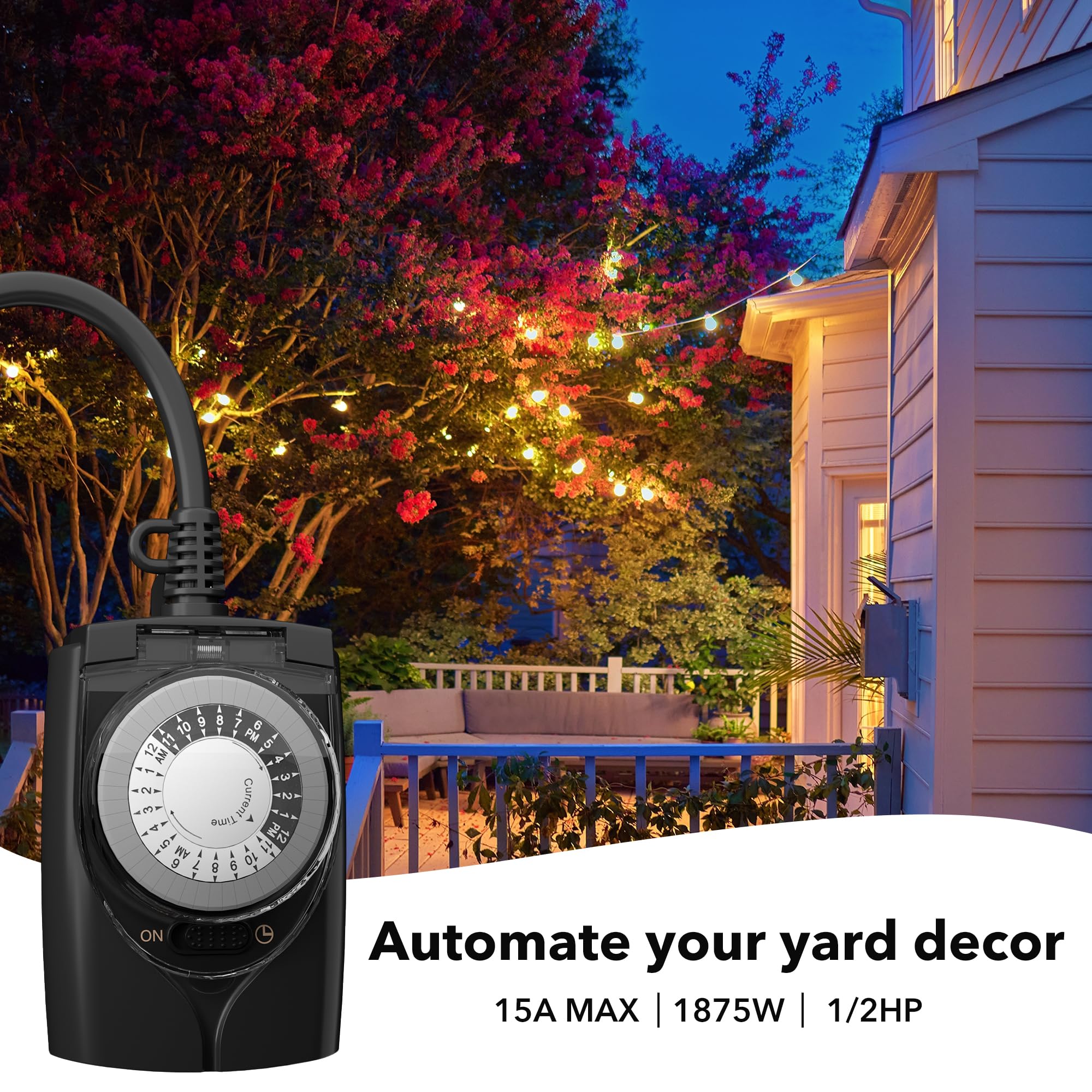HBN Outlet Timer, 24 Hour Mechanical Outdoor Timer for Pool Pump, Plug in Timer Waterproof, 2 Grounded Timer Outlets for Lights and Holiday Decorations, 15A 1/2HP