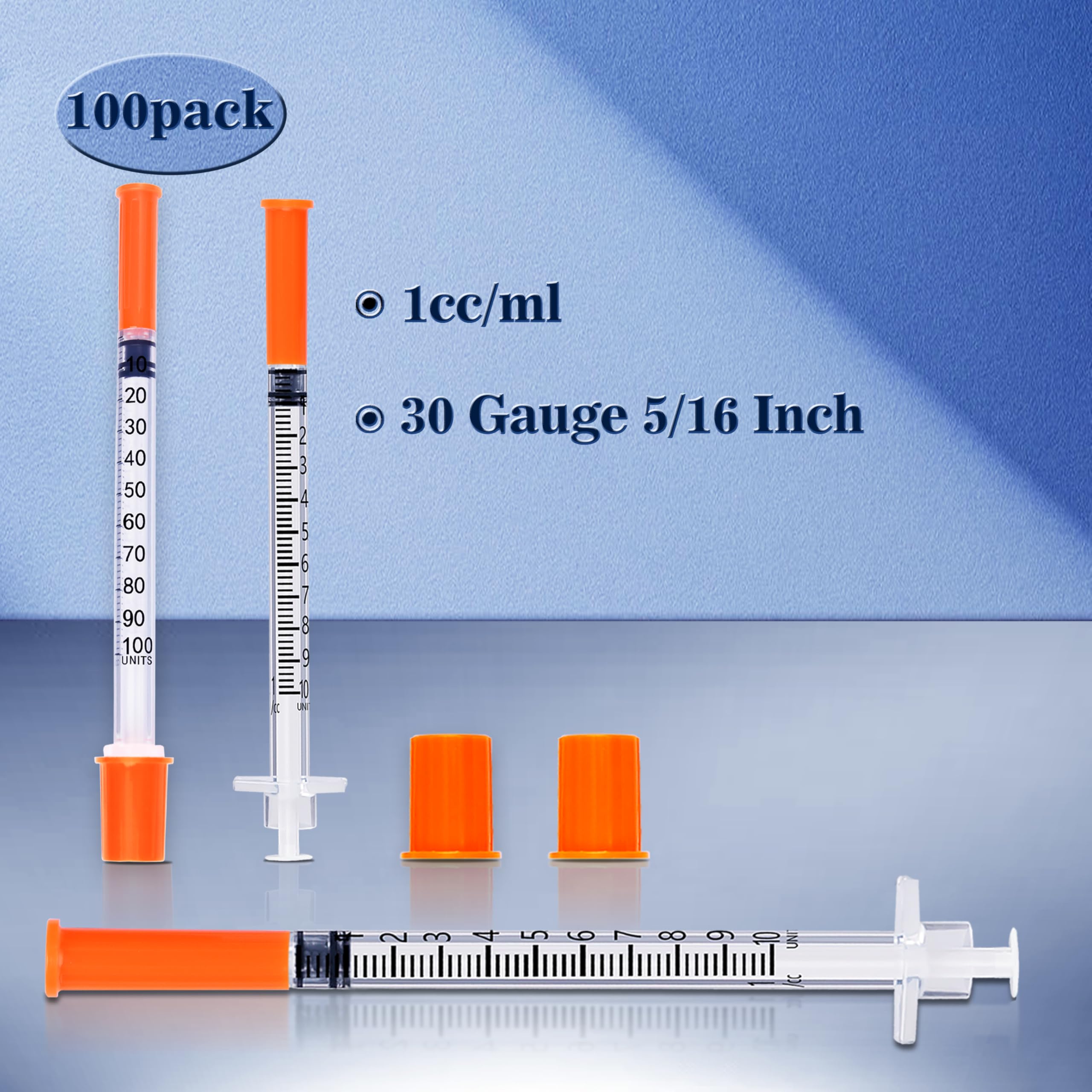 1ml 30G 5/16 Inch 8mm Syringe, U-100 Lab Syringes Individually Wrapped, Pack of 100