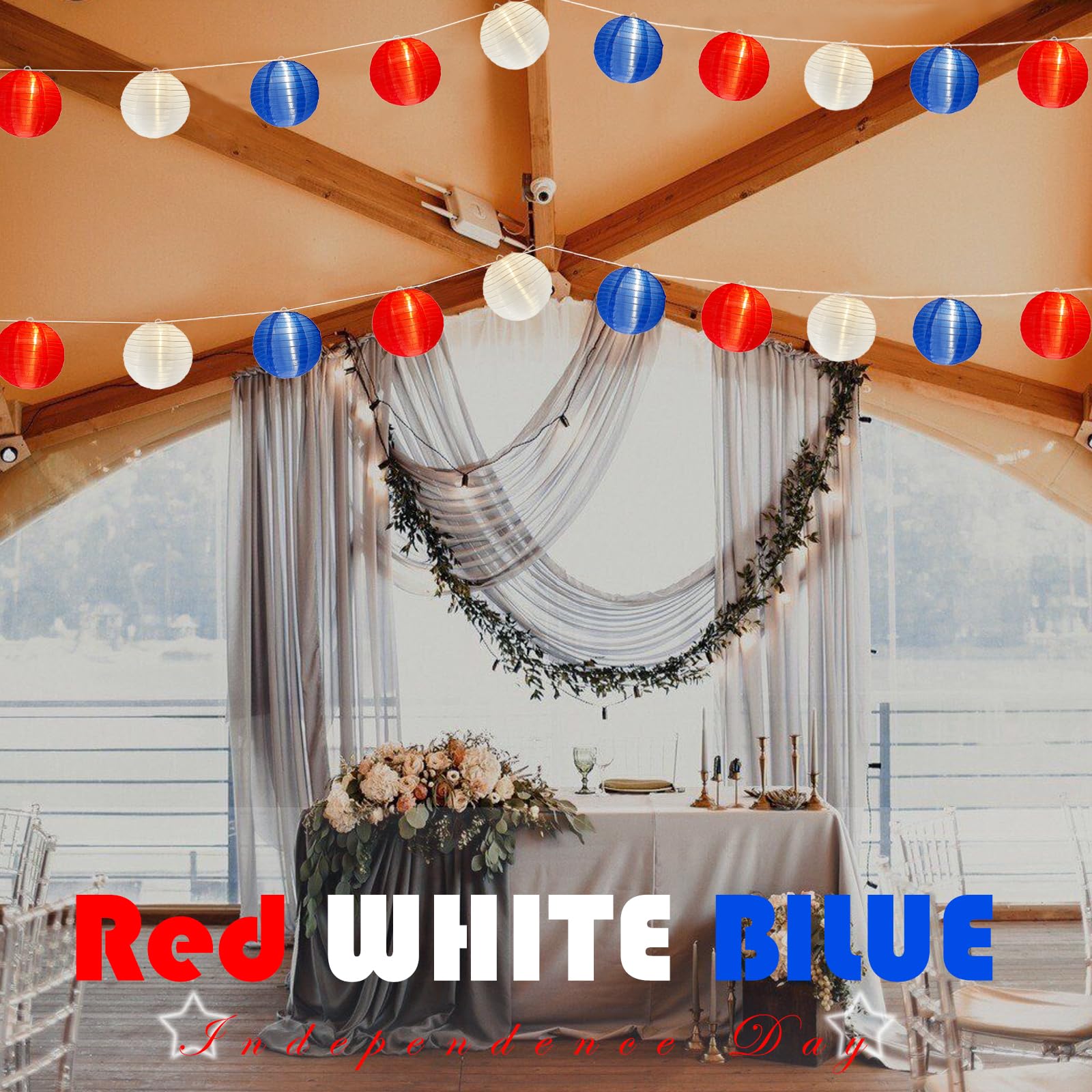 SUNSGNE Lantern String Lights with G40 LED Lights, Plug-in Decorative String Lights with 10 Red White Blue Lantern Lights, Connectable Patio String Lights for 4th of July Decor, 25FT - White Wire