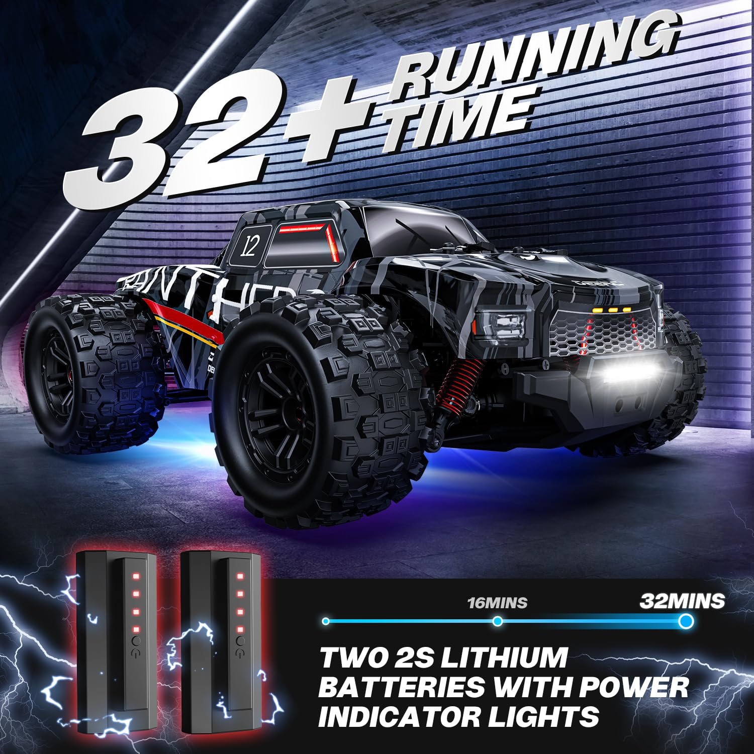DEERC 1/14 Brushless Fast Extreme 70kph 4X4 Off-Road Truck, 7 Lighting Modes Remote Control with 2 Li-ion Batteries, Electric Large Truggy for Snow Sand