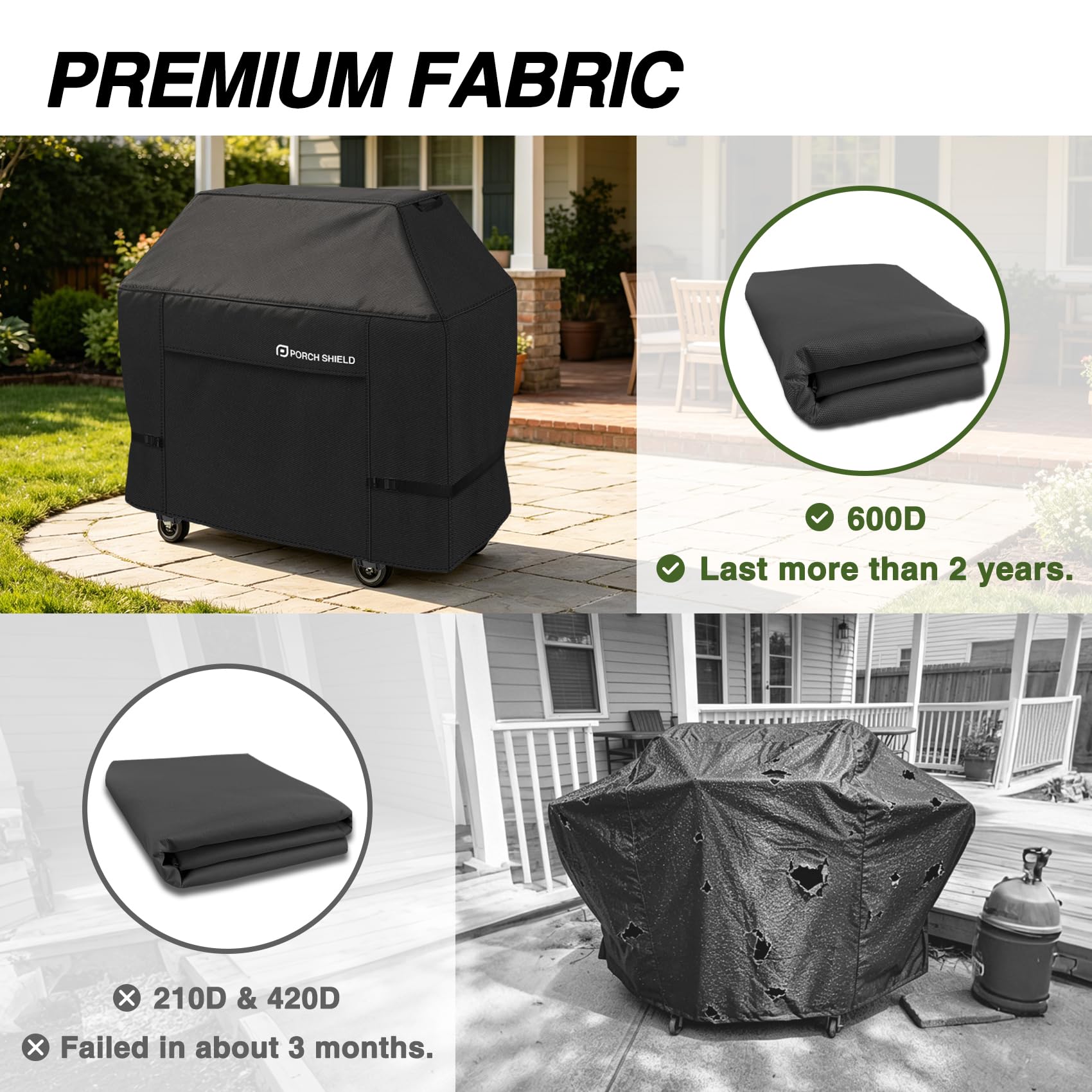 Porch Shield 62W x 24D x 48H inch Premium Gas Grill Cover Up to 60 inch, Waterproof and Fade Resistant 600D BBQ Covers for Weber, Brinkmann, Char-Broil and More, Black