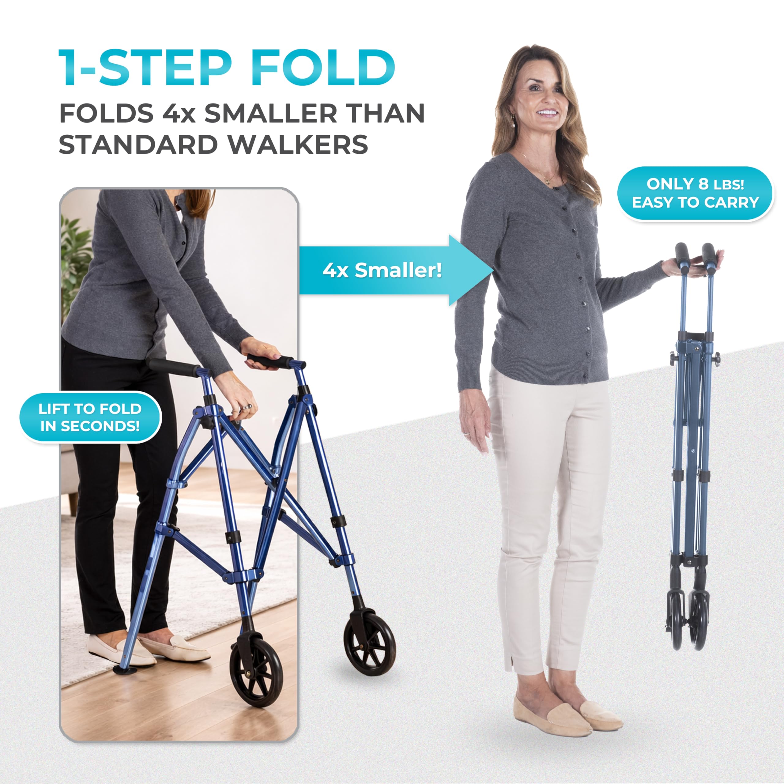 Stander Space Saver Walker, Lightweight Folding Rolling Mobility Aid for Seniors & Adults, Compact 2-Wheel Disability Device with 6-inch Wheels & Ski Glides for Walking Support, Cobalt Blue