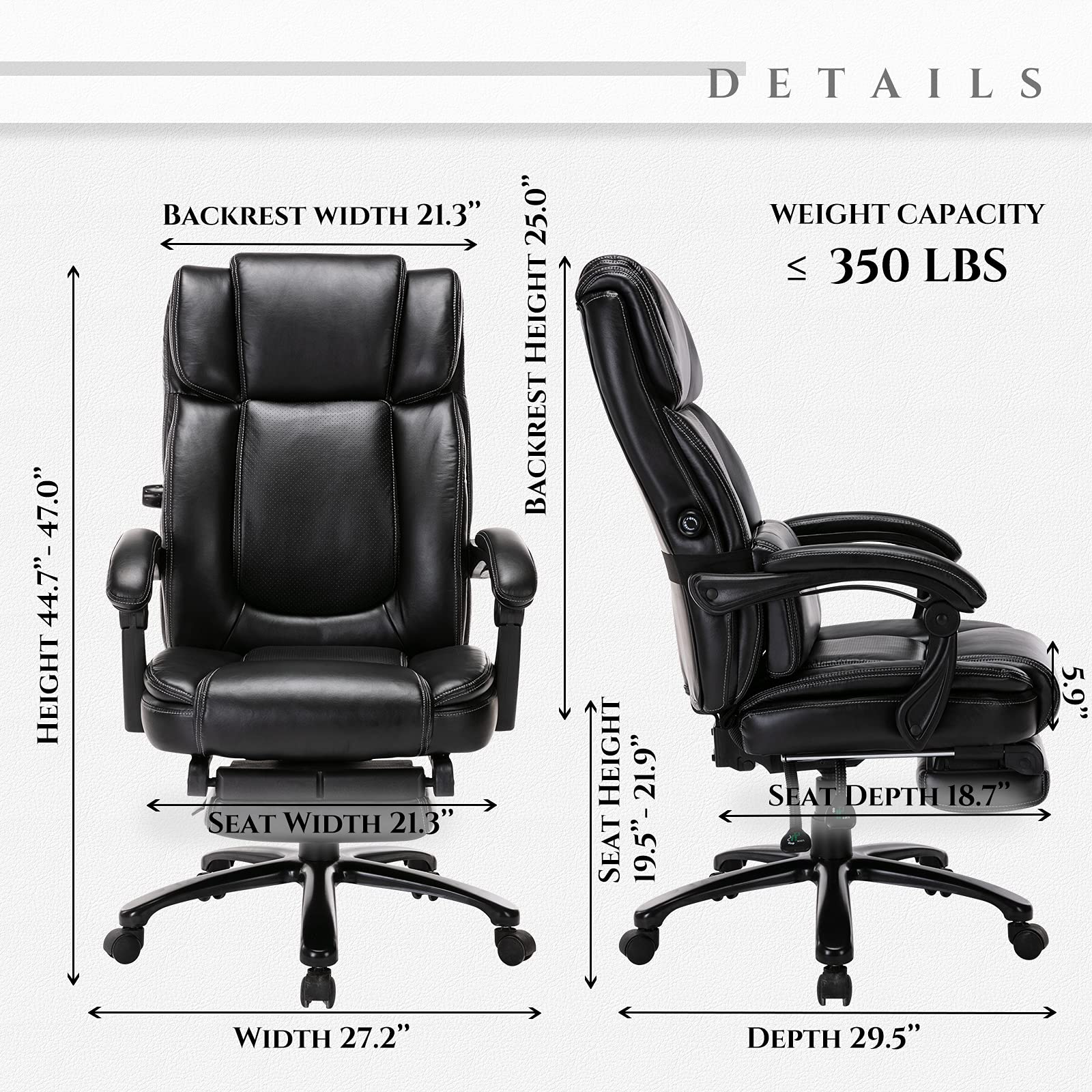 Big and Tall Office Chair with Footrest 350lbs, Thick Bonded Leather Home Office Computer Chair, High Back Executive Chair-Ergonomic Chair with Adjustable Height and Lumbar Support Pillow, Black