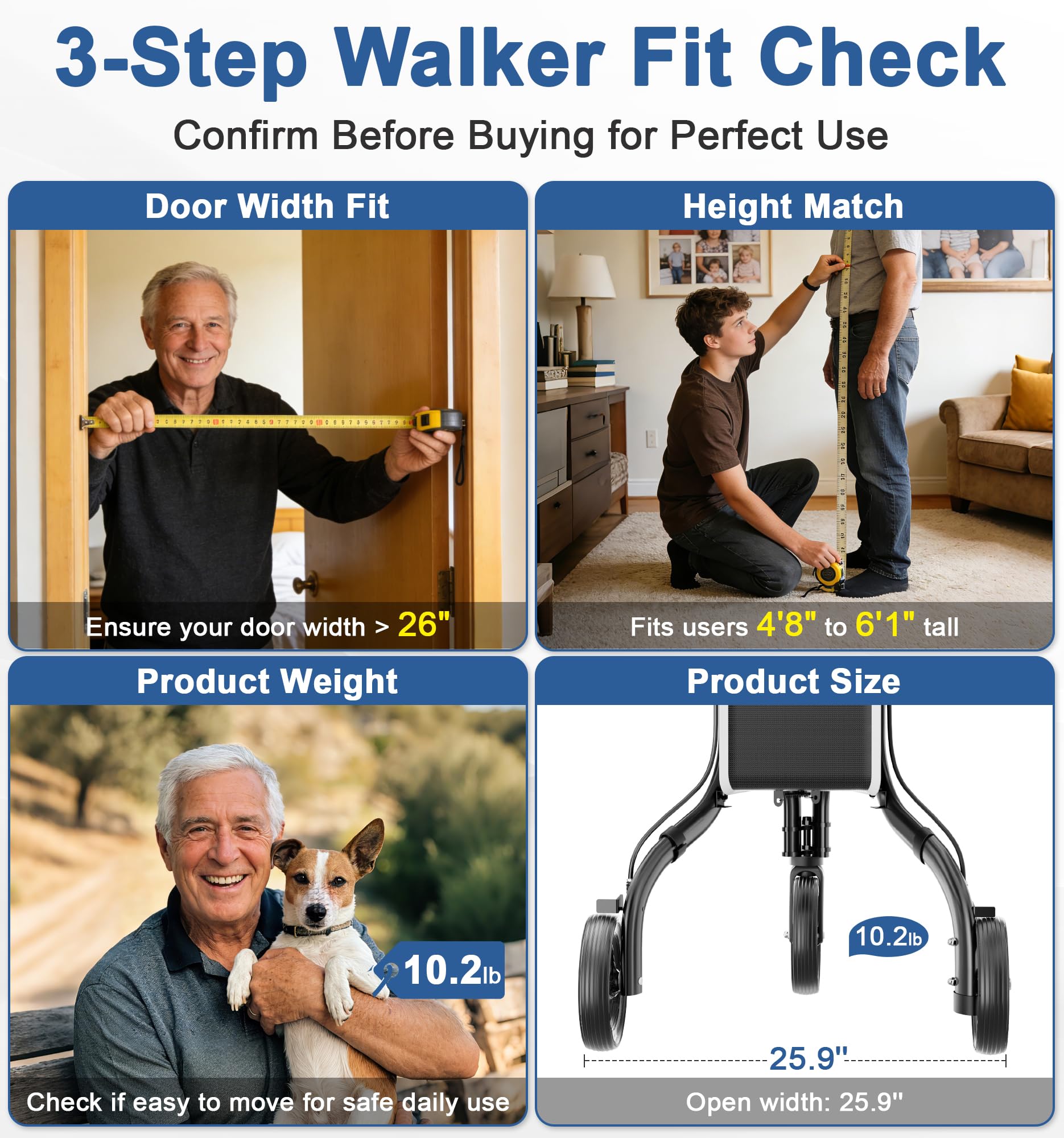 SOUNDFUSE 3 Wheel Walkers for Seniors, Lightweight Foldable Aluminum Rollator Walker, Height Adjustable Three Wheel Walker, Black