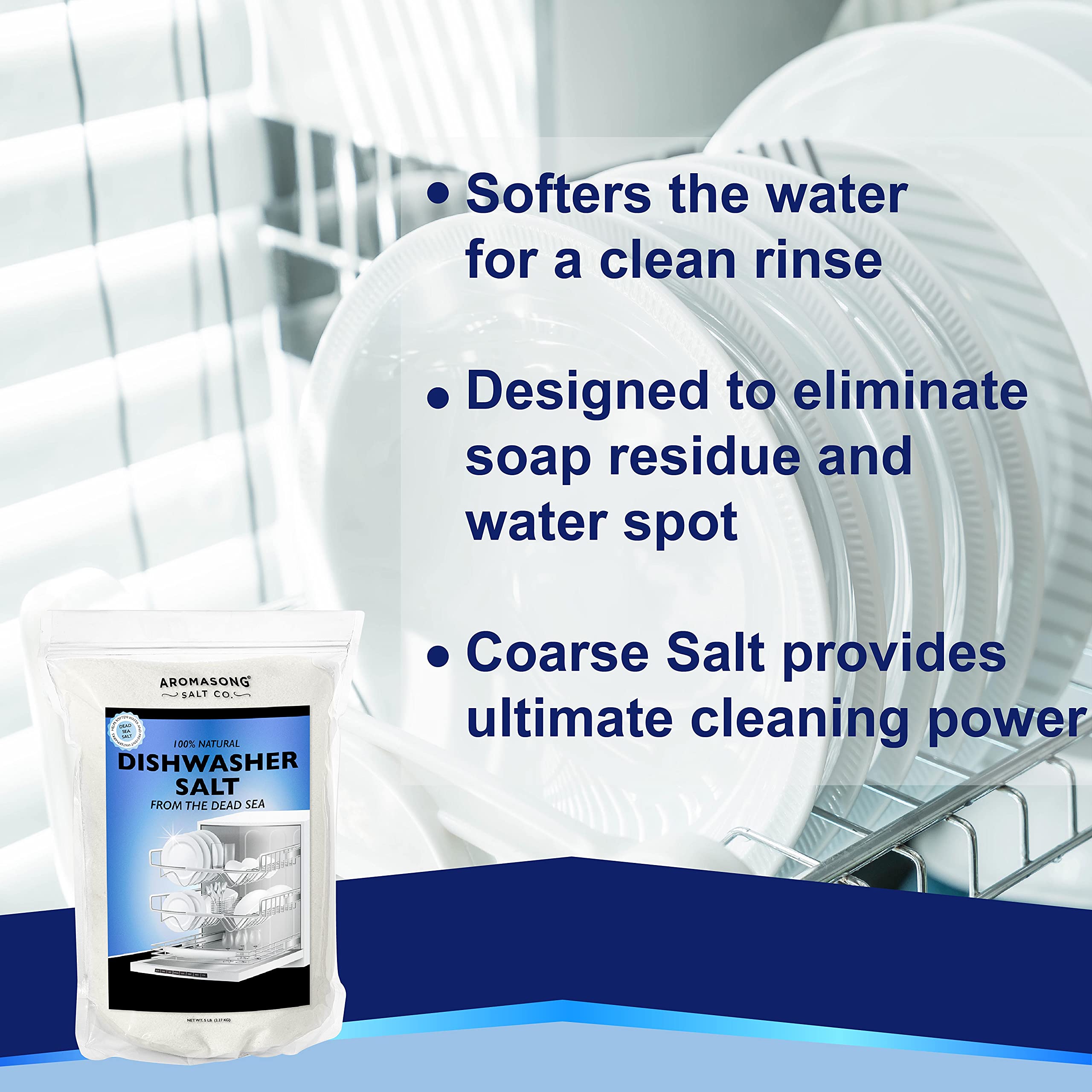 Aromasong Dishwasher Salt 5 LB - 100% Natural Water Softening Agent Compatible with Bosch, Miele, Whirlpool, Thermador and More... For Cleaner Dishes & Washer Reactivation (packaging may vary)